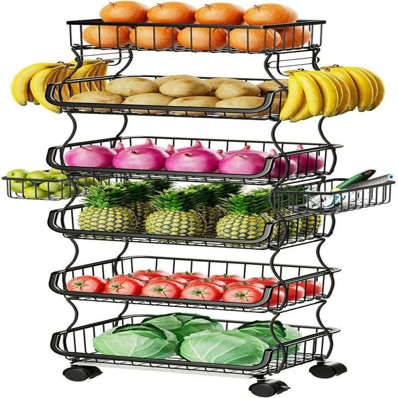 6 Tier Rolling Cart Stackable Fruit Vegetable Basket with Wheels and 2 Hanging Basket - 11.75