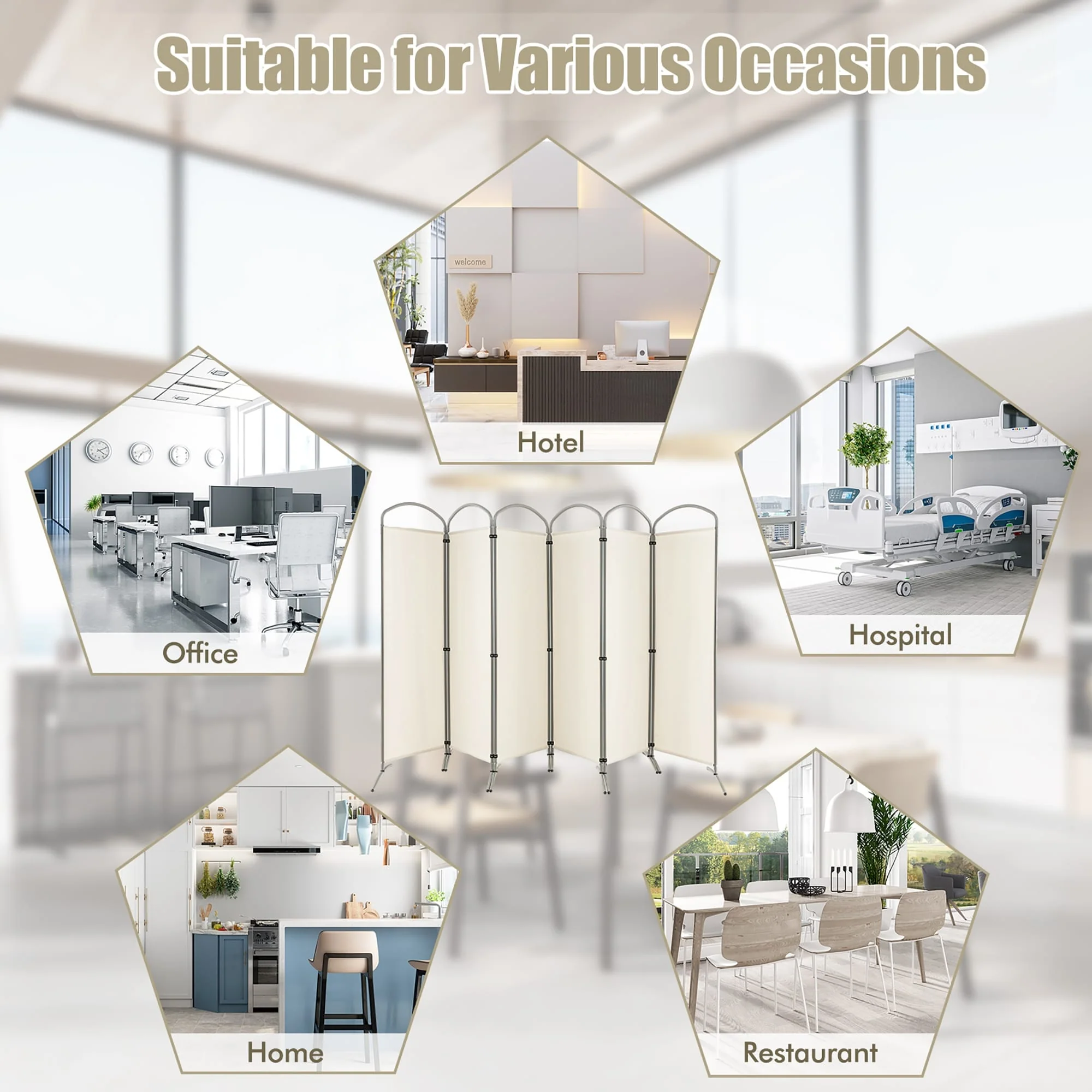 Costway 6 Panels Folding Privacy Screen 6 Ft Tall Fabric Privacy