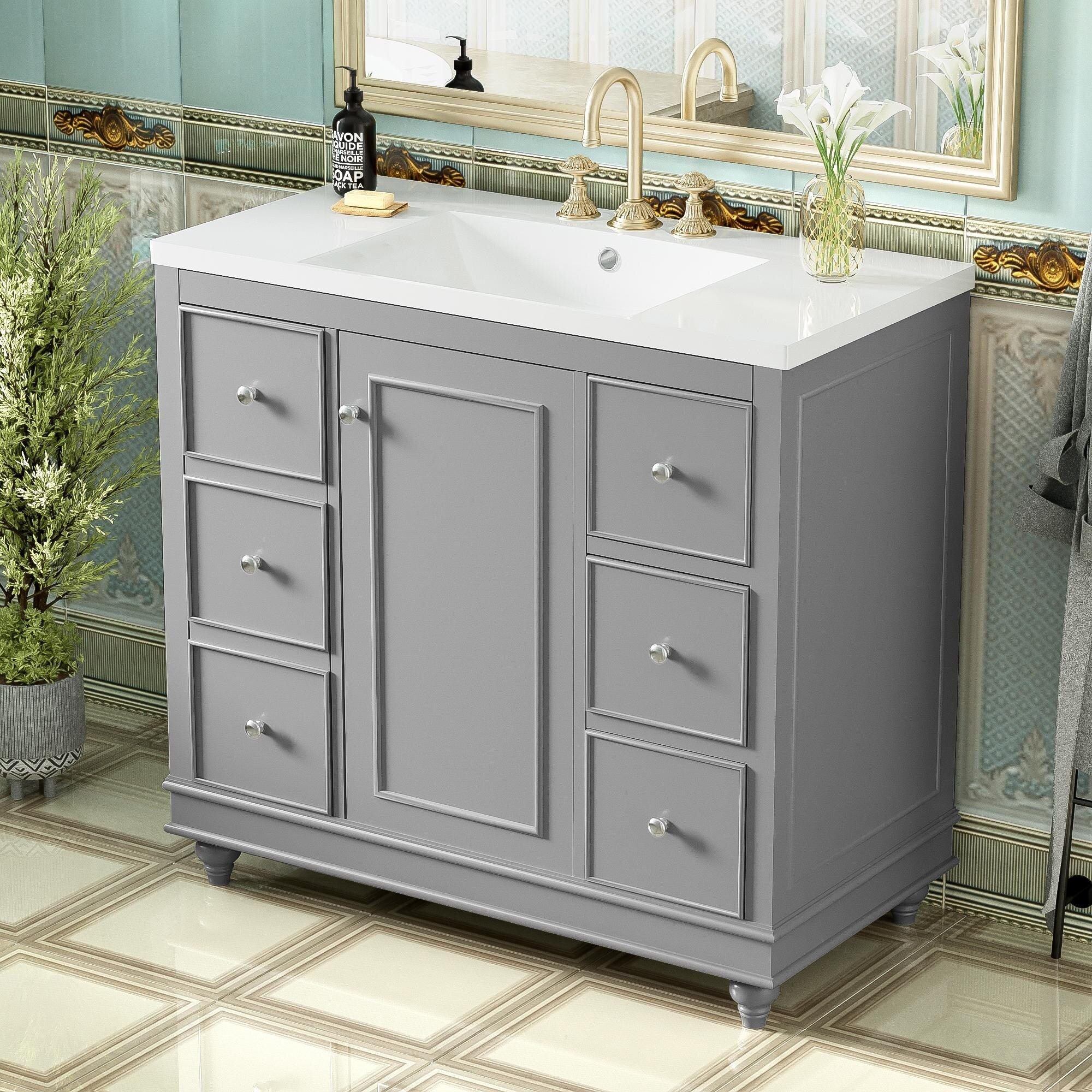 Bathroom Vanity with Sink, Bathroom Vanity Cabinet with 4 Drawers and 1 Door, Storage Cabinet with Adjustable Shelves