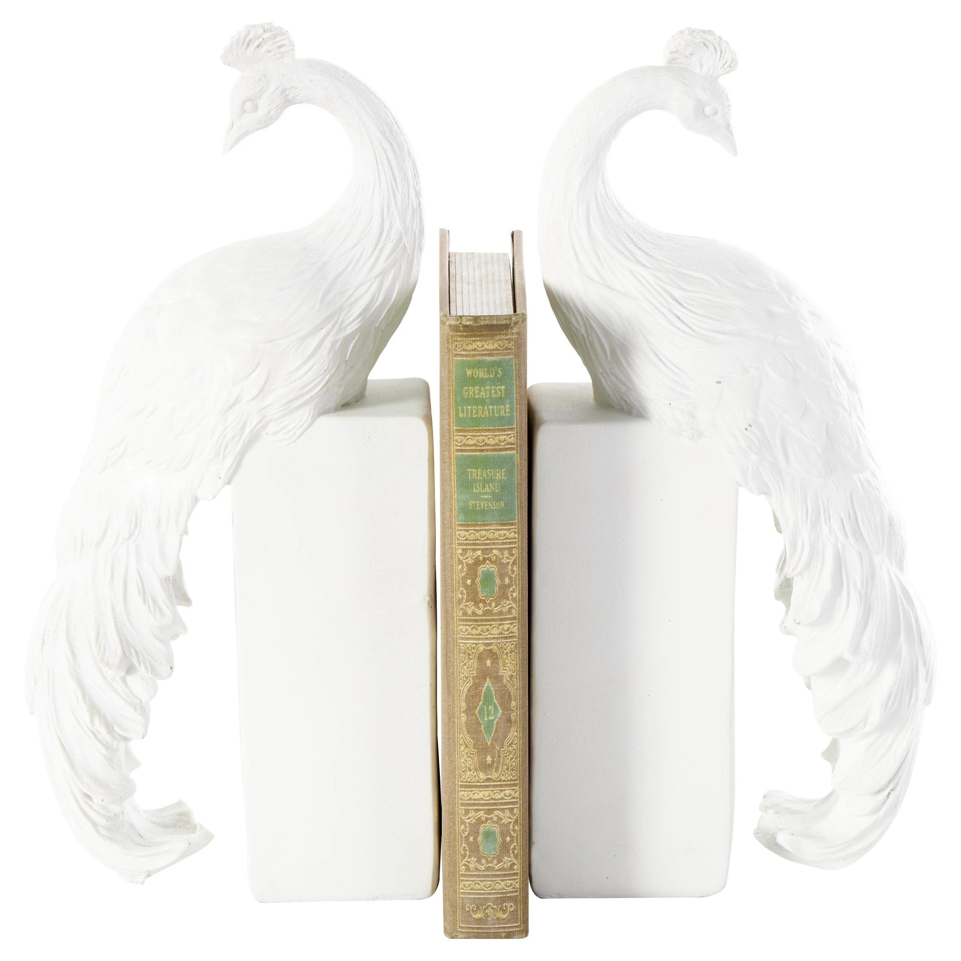 Resin Peacock Textured Decorative Bookends with Tall Block Bases - Set of 2 White - Roche River Decor