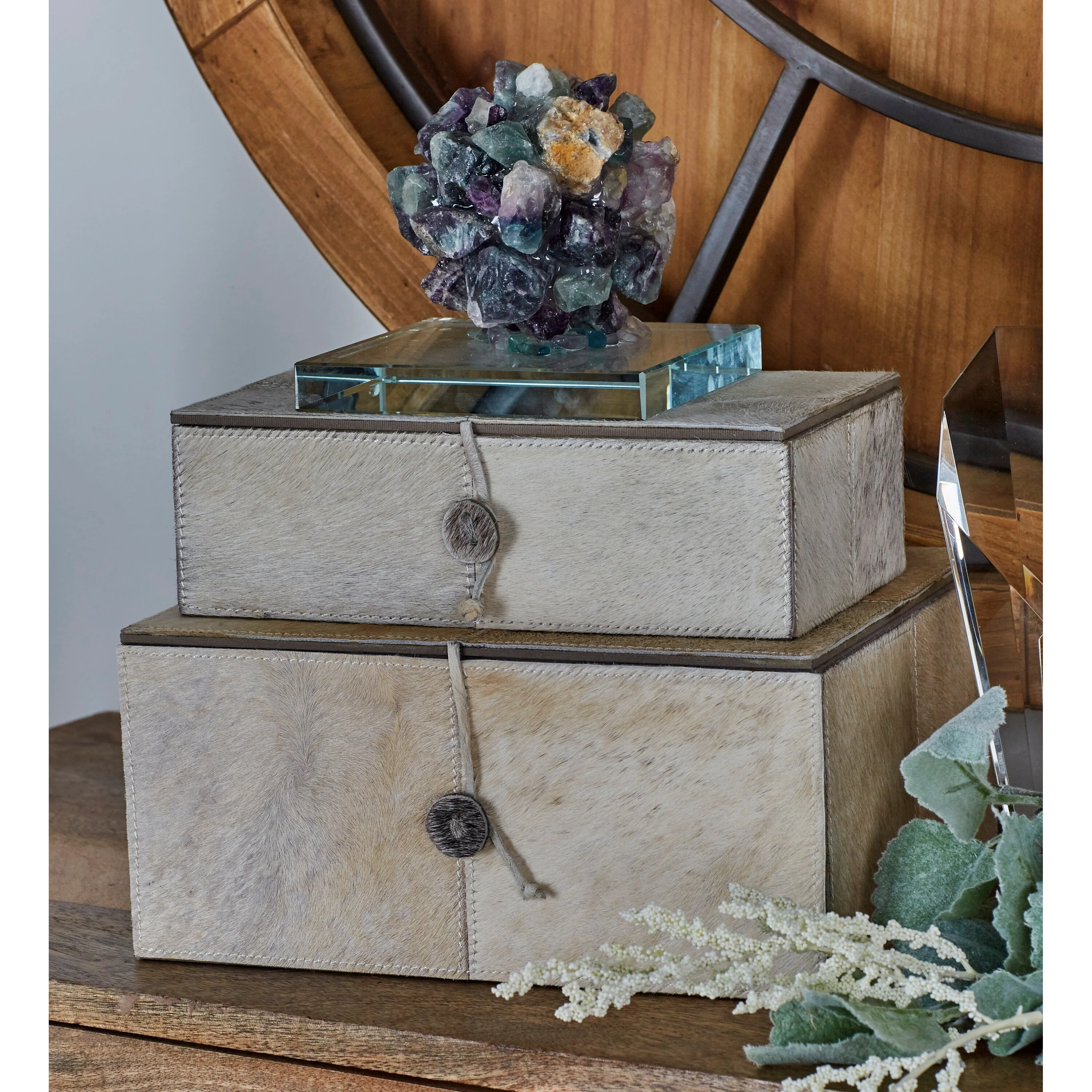 Benzara White and Gold Wood and Leather Decorative Boxes (Set of 2)