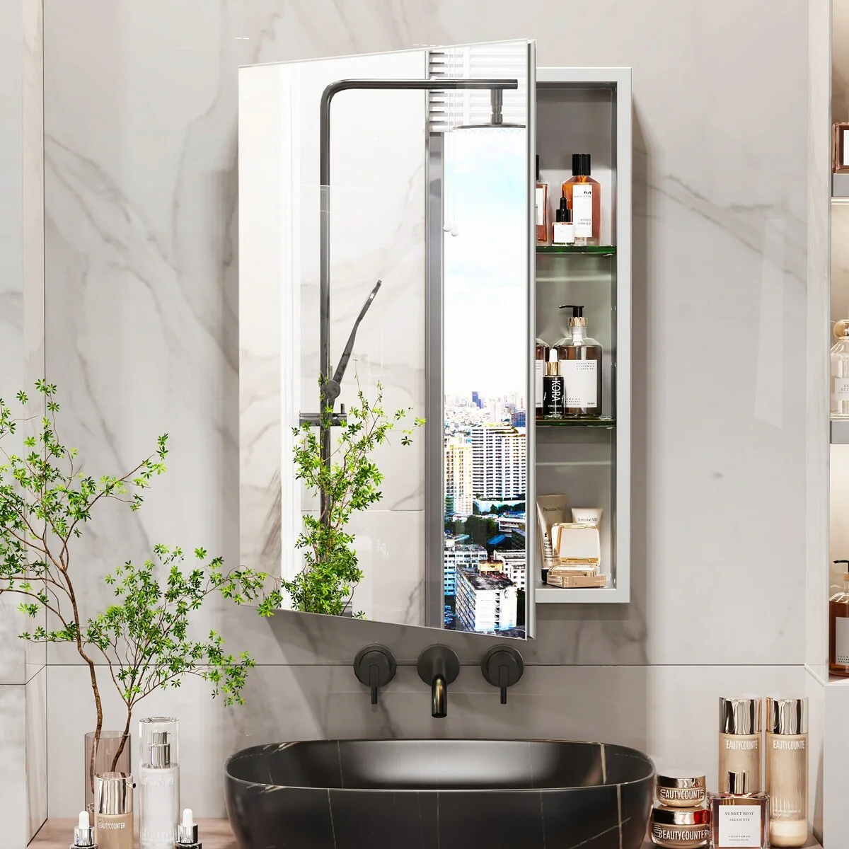 Double Side Frameless Mirrored Medicine Cabinet with 2 Adjustable Tempered Glass Shelves