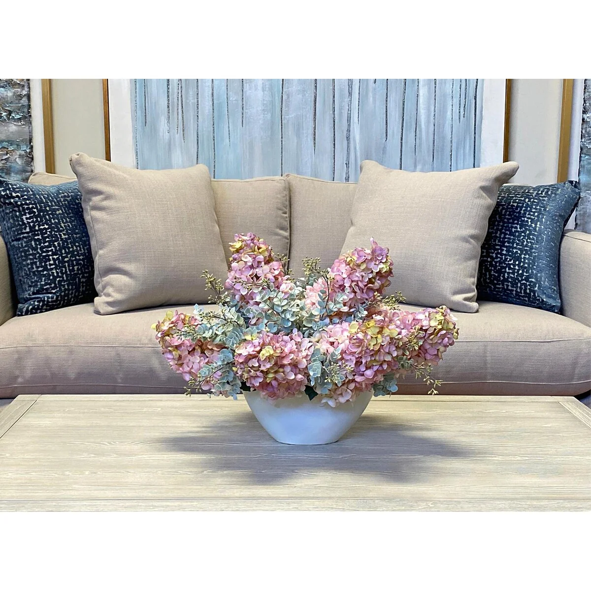 Cone Hydrangea and Eucalyptus Floral Arrangement - Pink, Aqua, White