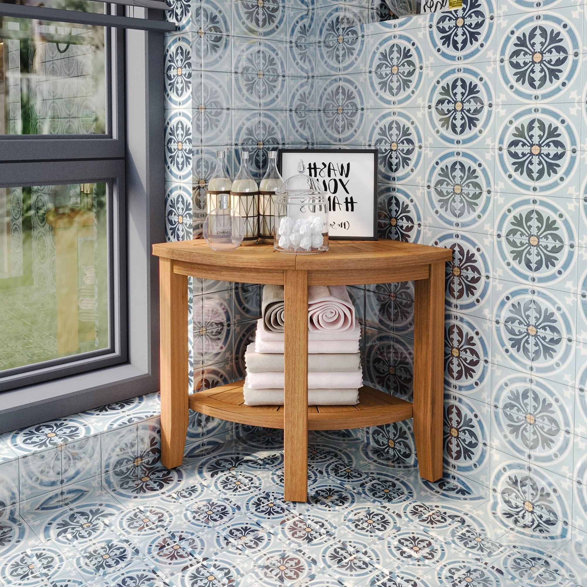 Bathroom Stool with Storage Shelf, Teak Shower Bench Waterproof Wood Bench, Shower Seat