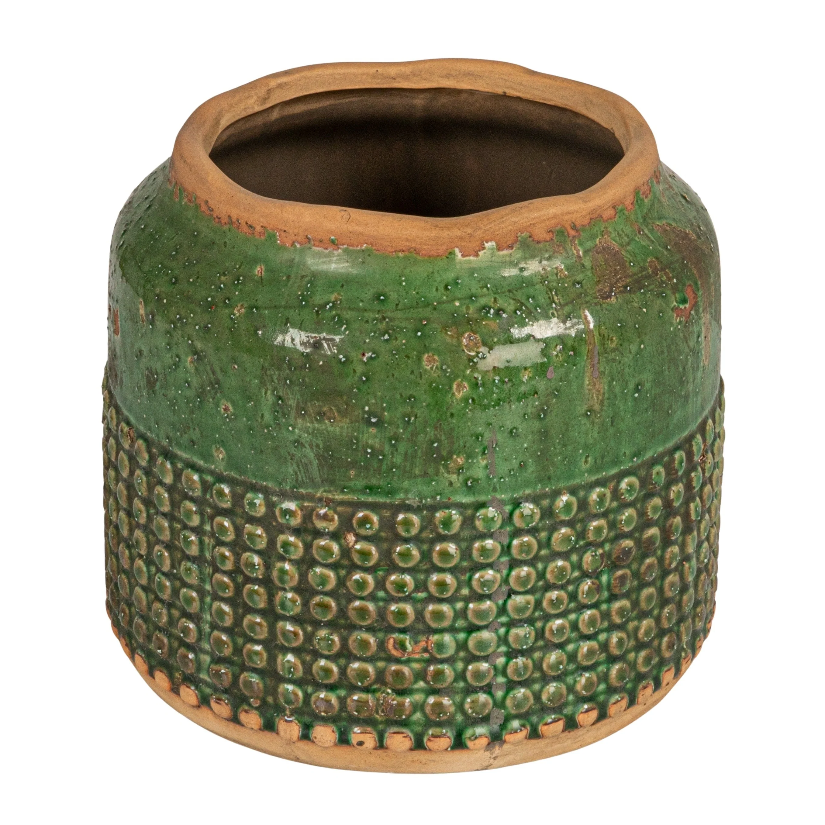 Round Terra-cotta Hobnail Planter Vase with Heavily Distressed Finish