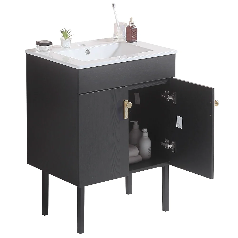 Bathroom Vanity with Metal Leg, White Ceramic Basin & 2 Soft Close Doors