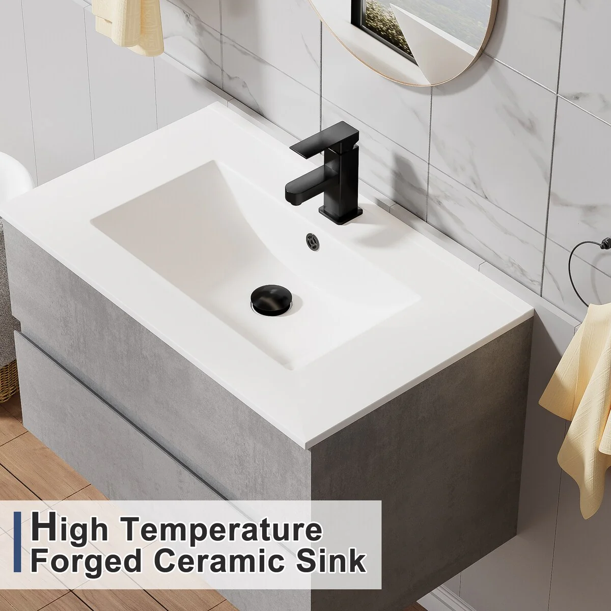 Wall Mounted Bathroom Vanity Sink Combo Cabinet Vanity Set Beveled Invisible Handles