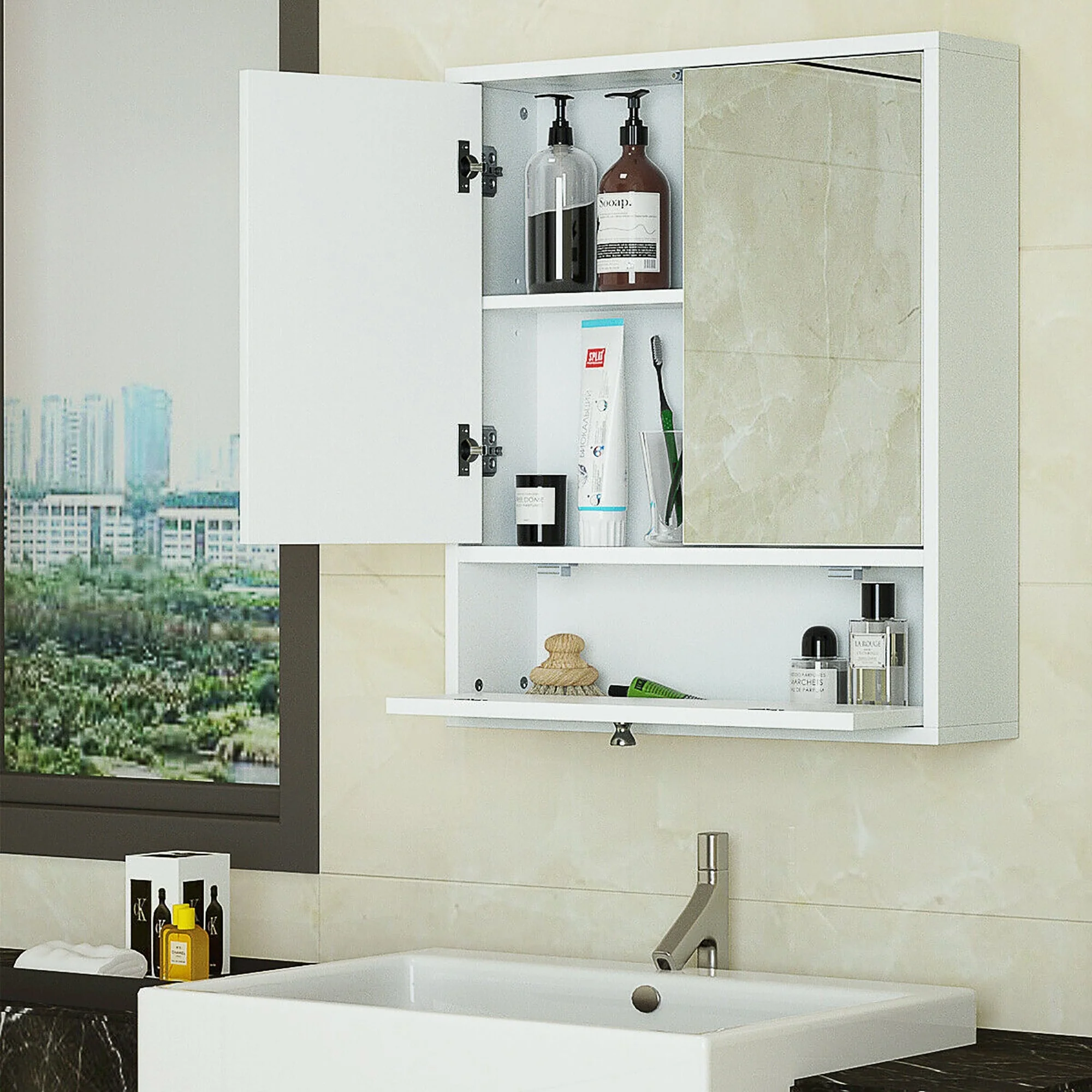 Wall Mounted Mirror Door Cabinet Bathroom Cabinet Adjustable Shelf