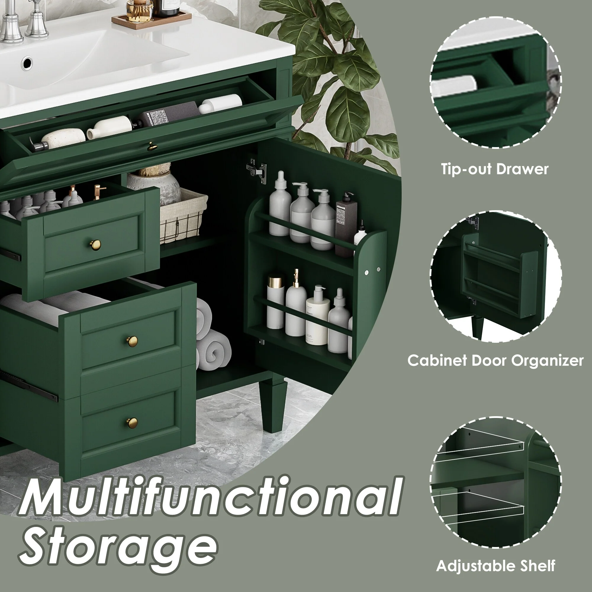Bathroom Vanity with Single Sink, Bathroom Vanities with 2 Drawers, Bathroom Storage Cabinet with 1 Tip-Out Drawer and 1 Door