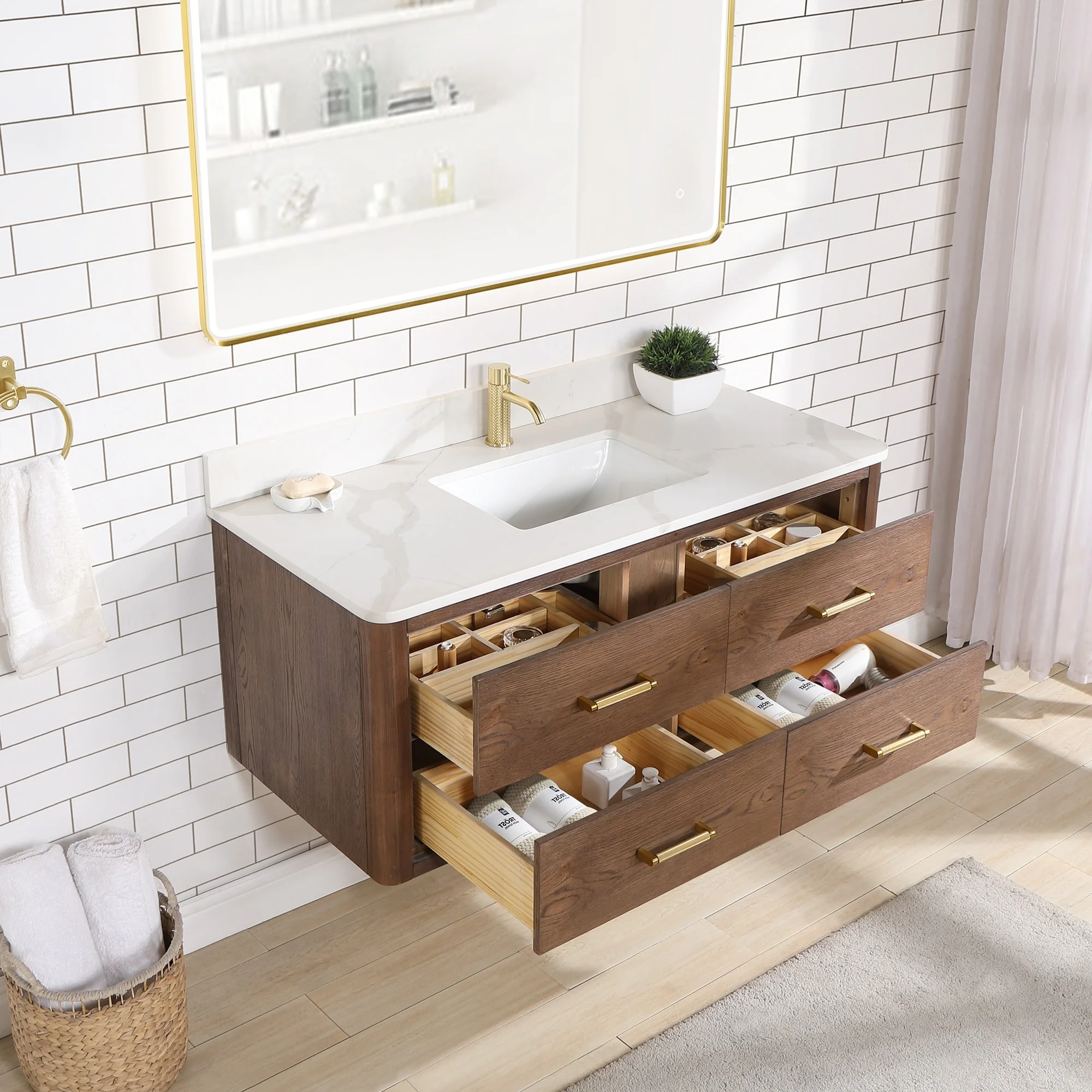 Cristo Floating Bath Vanity with White Quartz Stone Top and Mirror