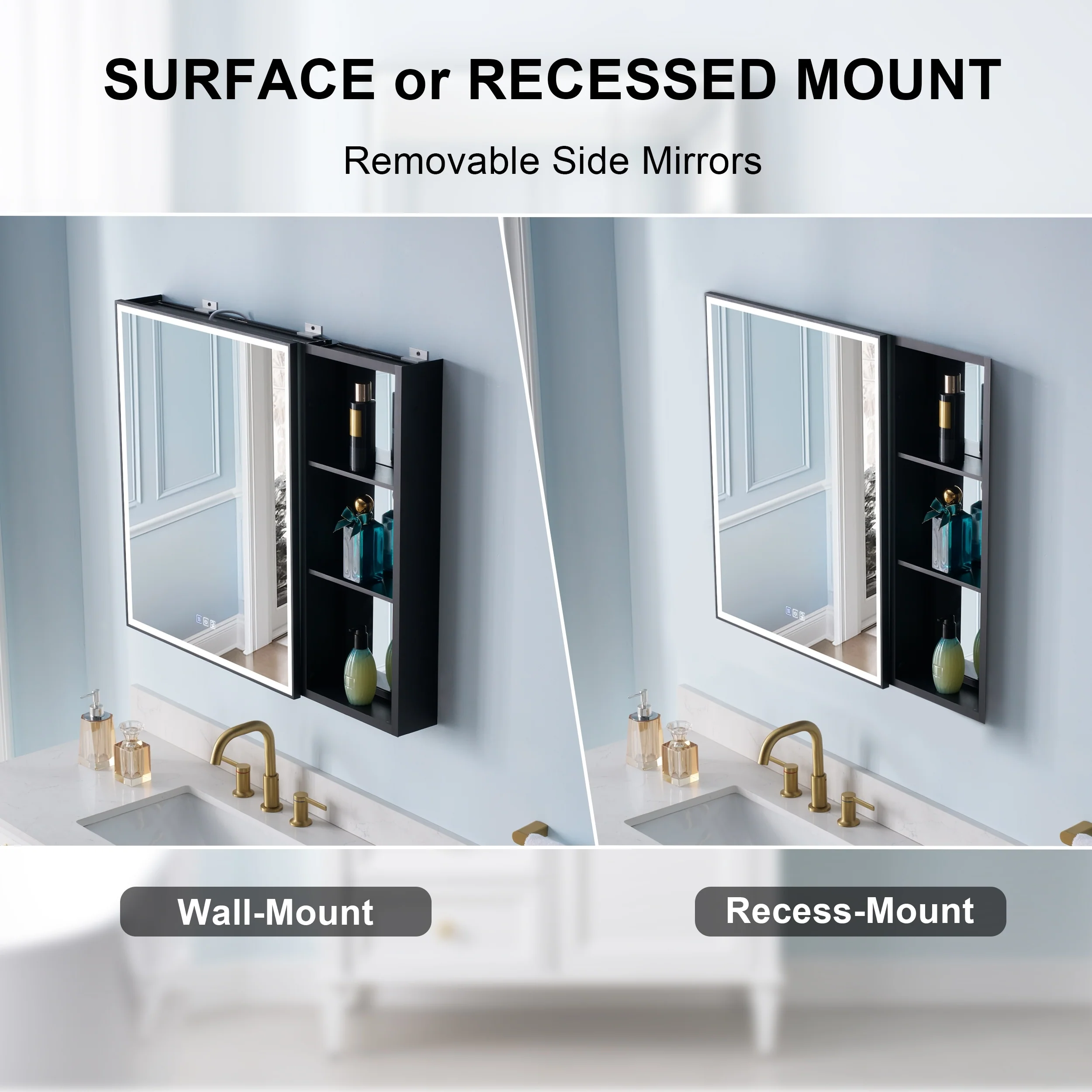 30 in. H Recessed or Surface Wall Mounted LED Mirror Cabinet With Black Side Cabinet