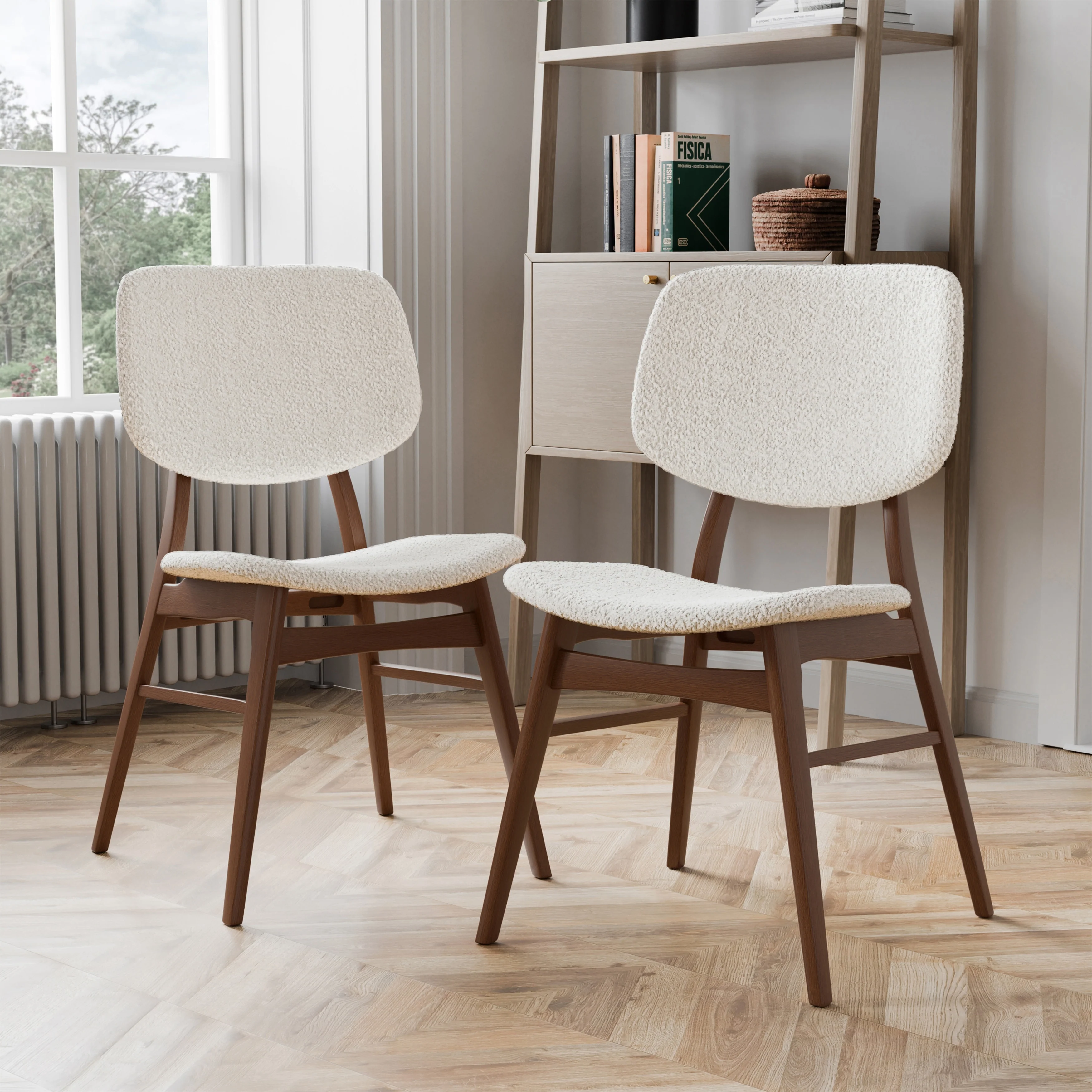 Furniture of America Beau II Mid-century 2-Pack Walnut Dining Chair Set with Boucle Upholstery