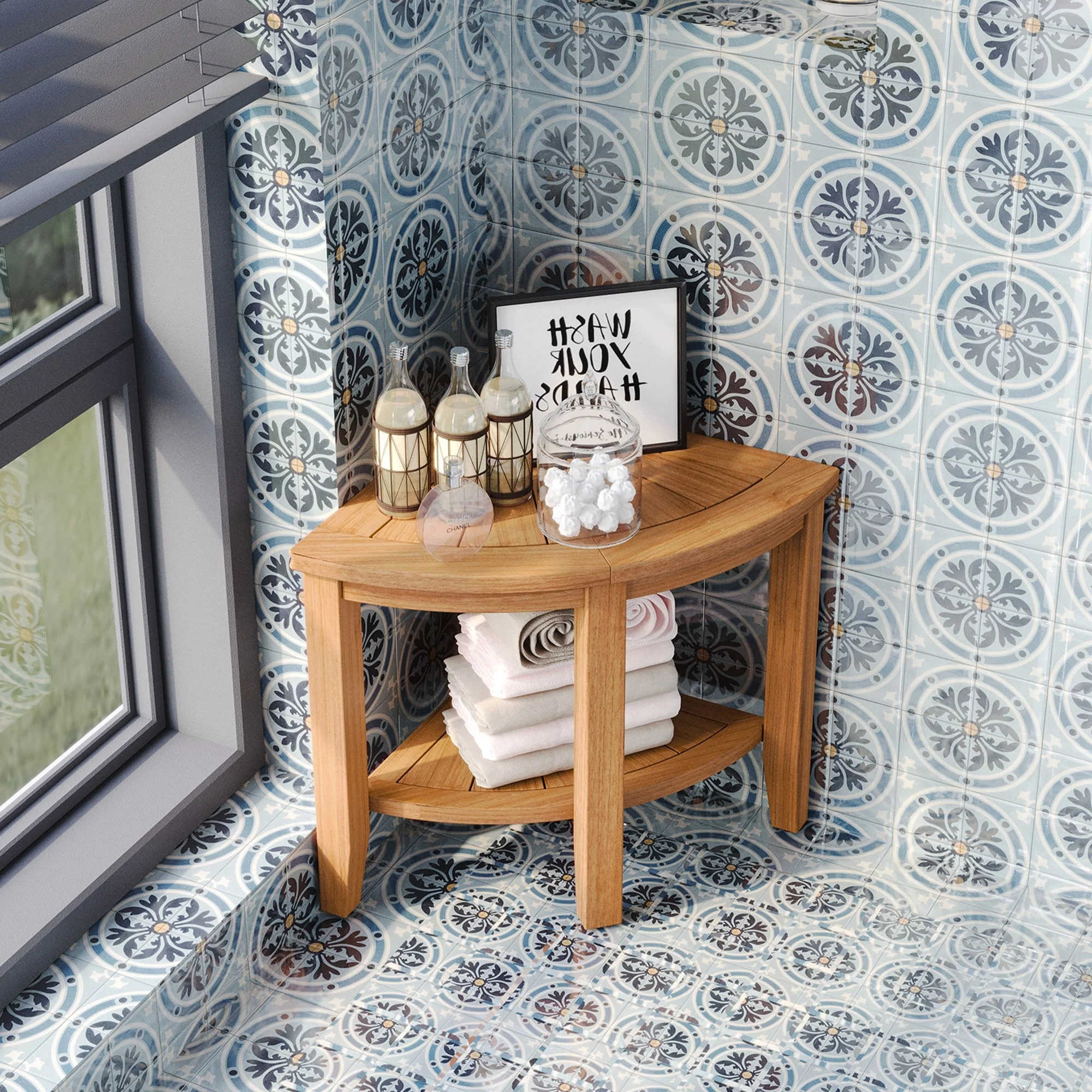 Bathroom Stool with Storage Shelf, Teak Shower Bench Waterproof Wood Bench, Shower Seat