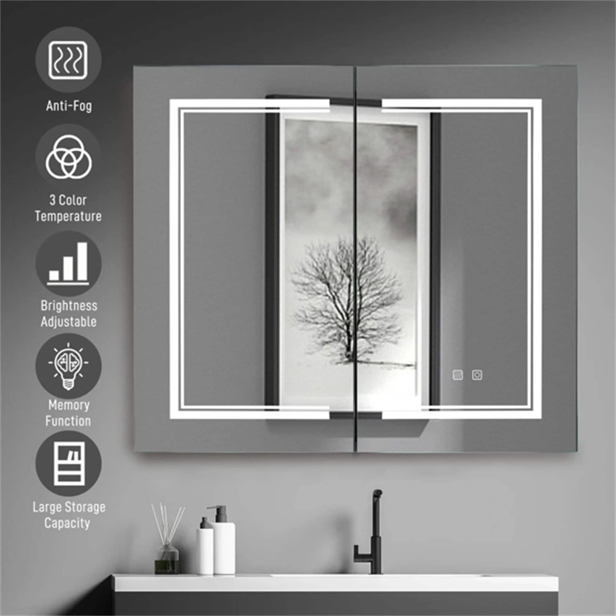 32*28in Bathroom Wall Cabinet ; Anti-Fog; Led Light; Power-Off Memory