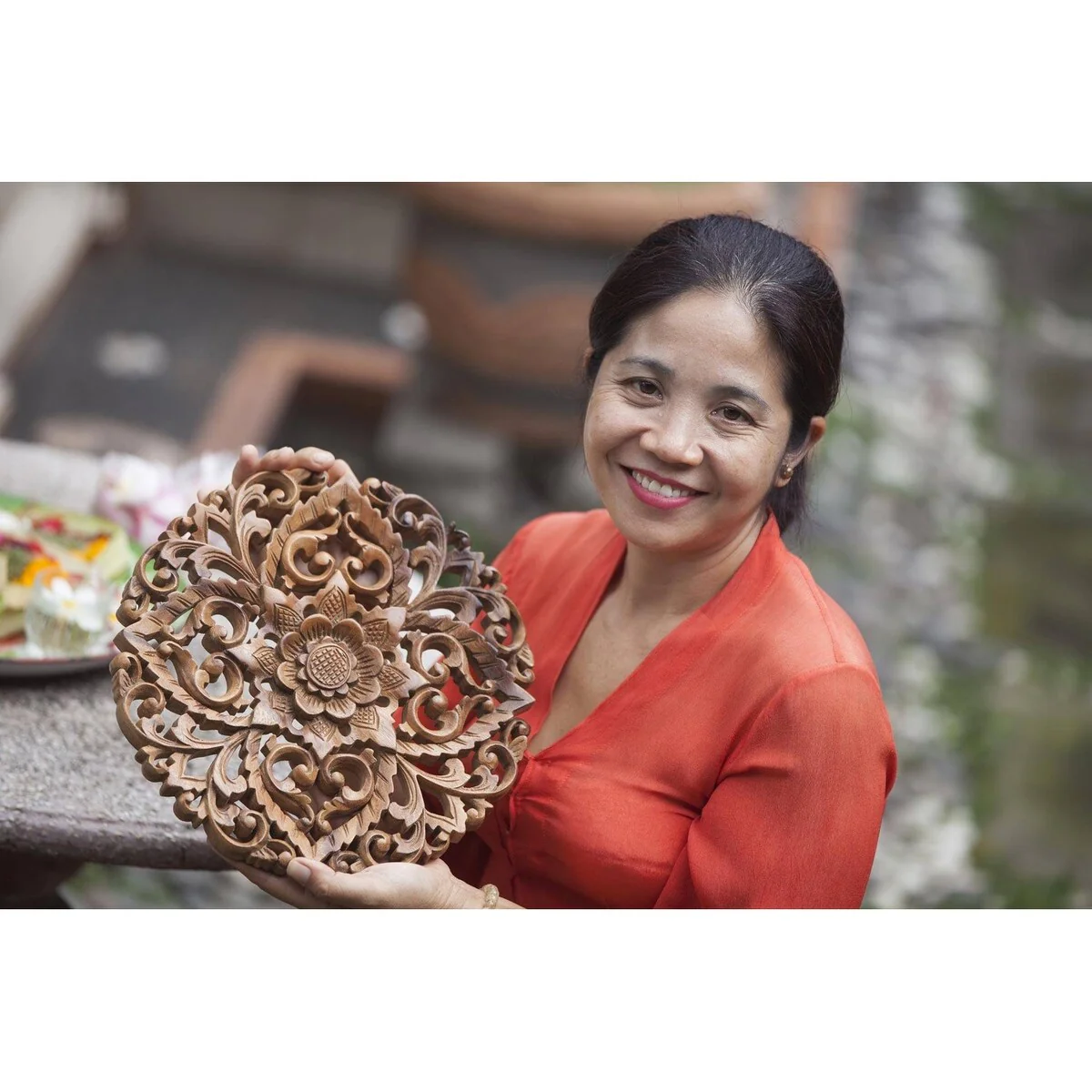 Handmade Lotus Om Wood Relief Panel (Indonesia)