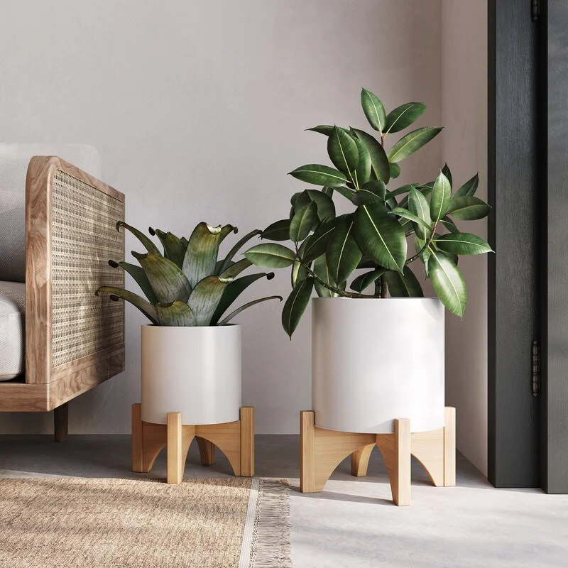 Raya White Indoor Metal Pot Planter With Arch Wood Base Set - 12.25