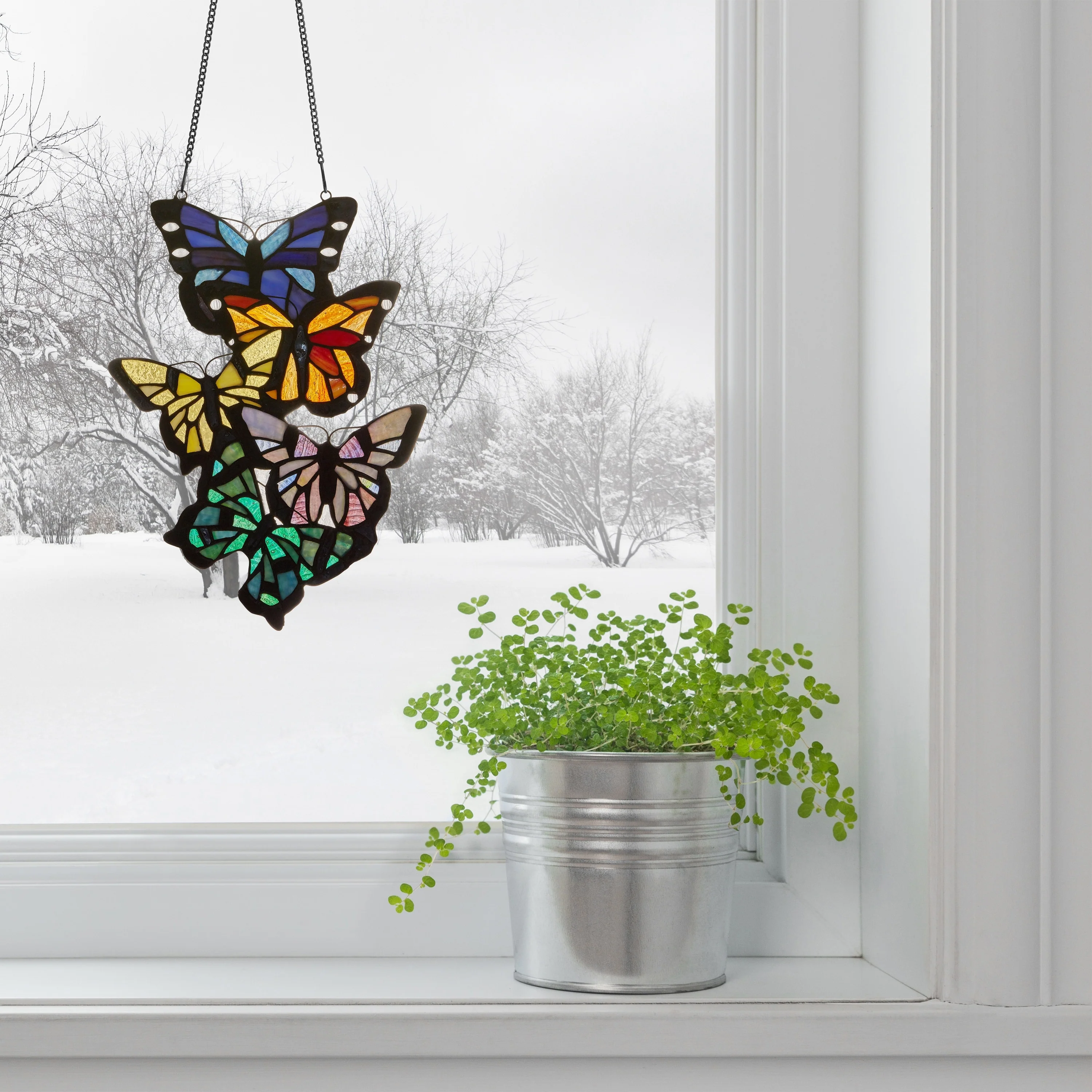 River of Goods Multicolored Stained Glass Butterfly Cluster Vertical Window Panel - 9.5