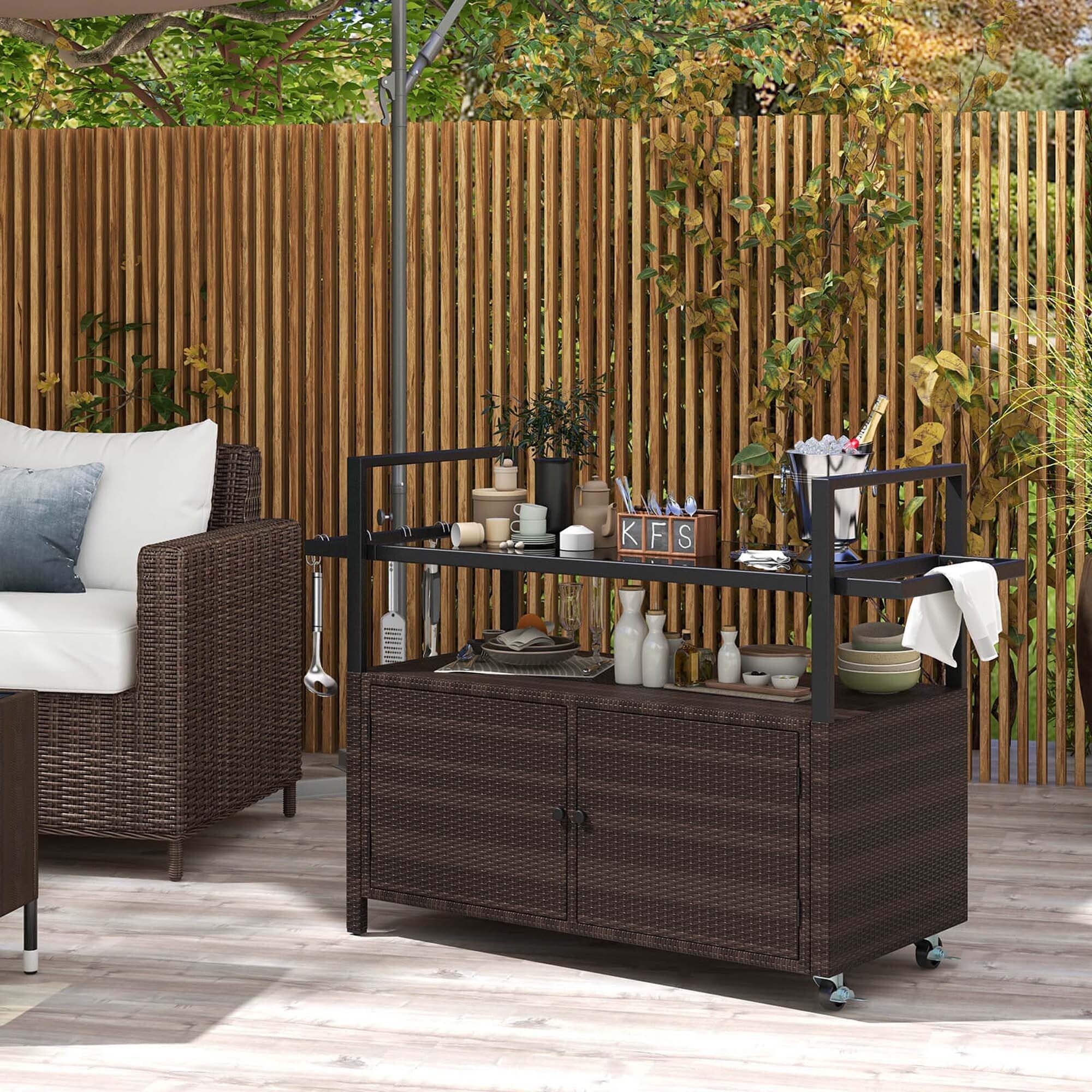 Costway Outdoor Bar Cart with Tempered Glass Top Storage Cabinet & 8 - See Details
