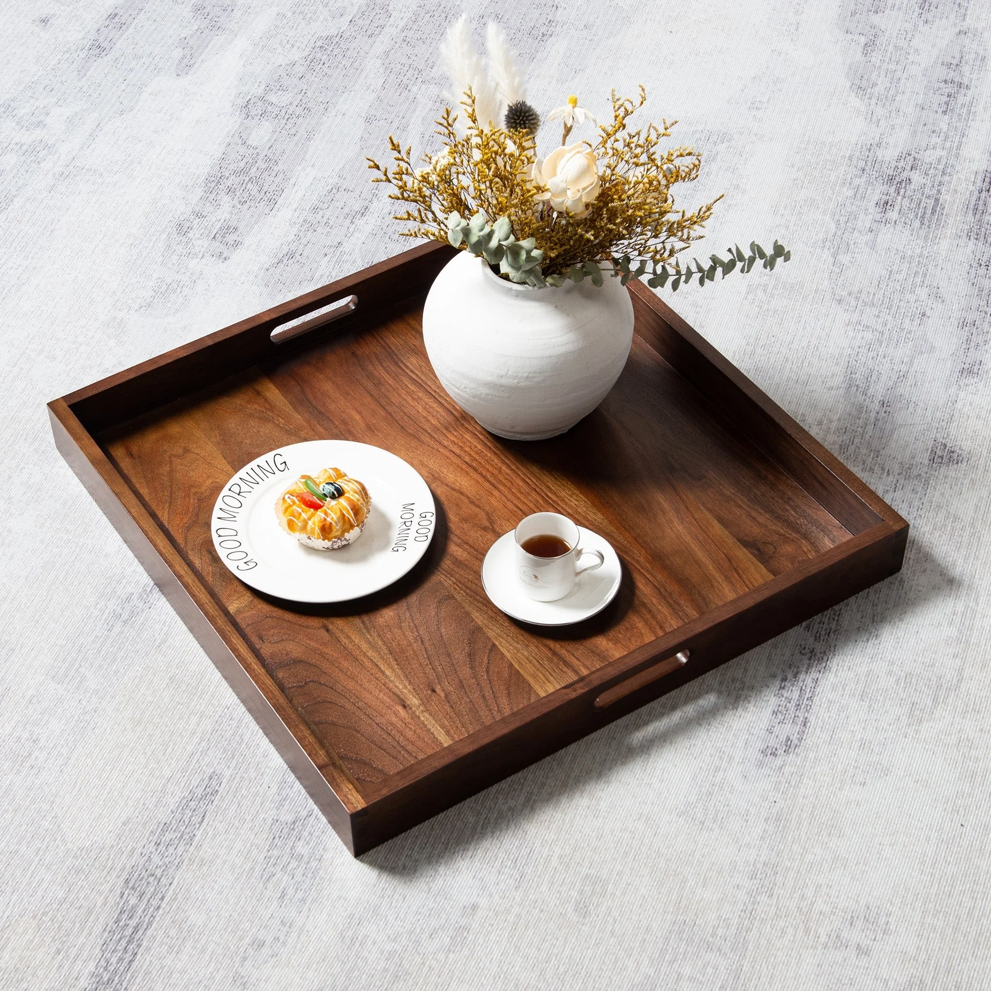 KINWELL Square Black Walnut Wood Serving Tray Ottoman Tray with Handles