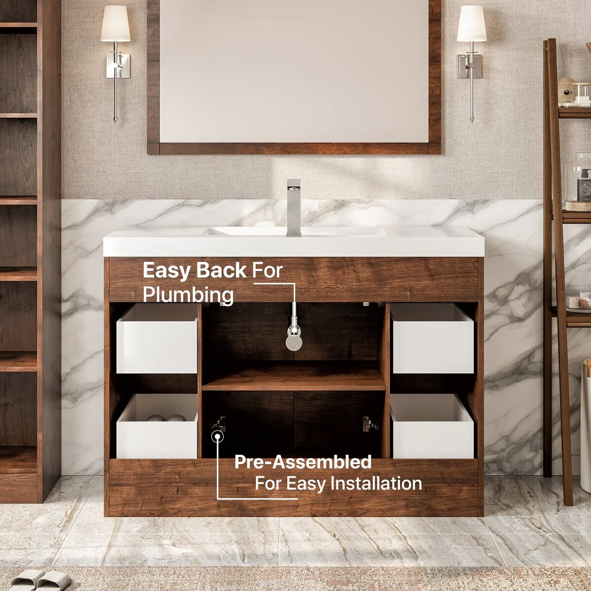 Eviva Lugano 48 inch Rosewood Modern Bathroom Vanity with White Integrated Acrylic Top