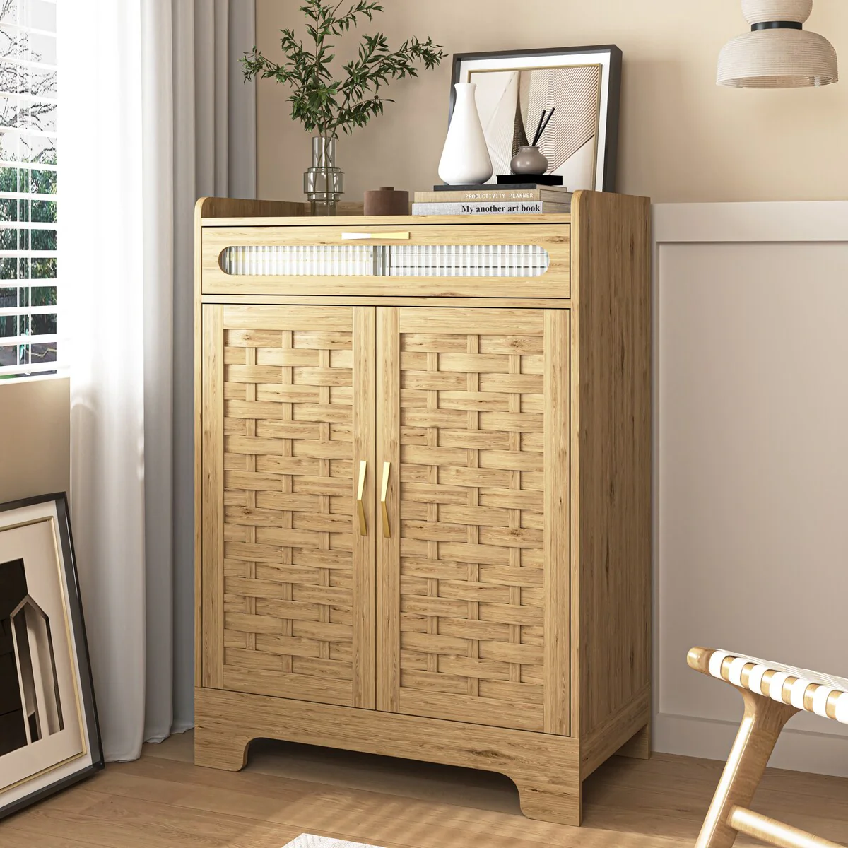 Modern Cabinet with Drawer and Adjustable Shelf, Barn Door Storage Cabinet for Kitchen, Dining Room, Bathroom, Entryway