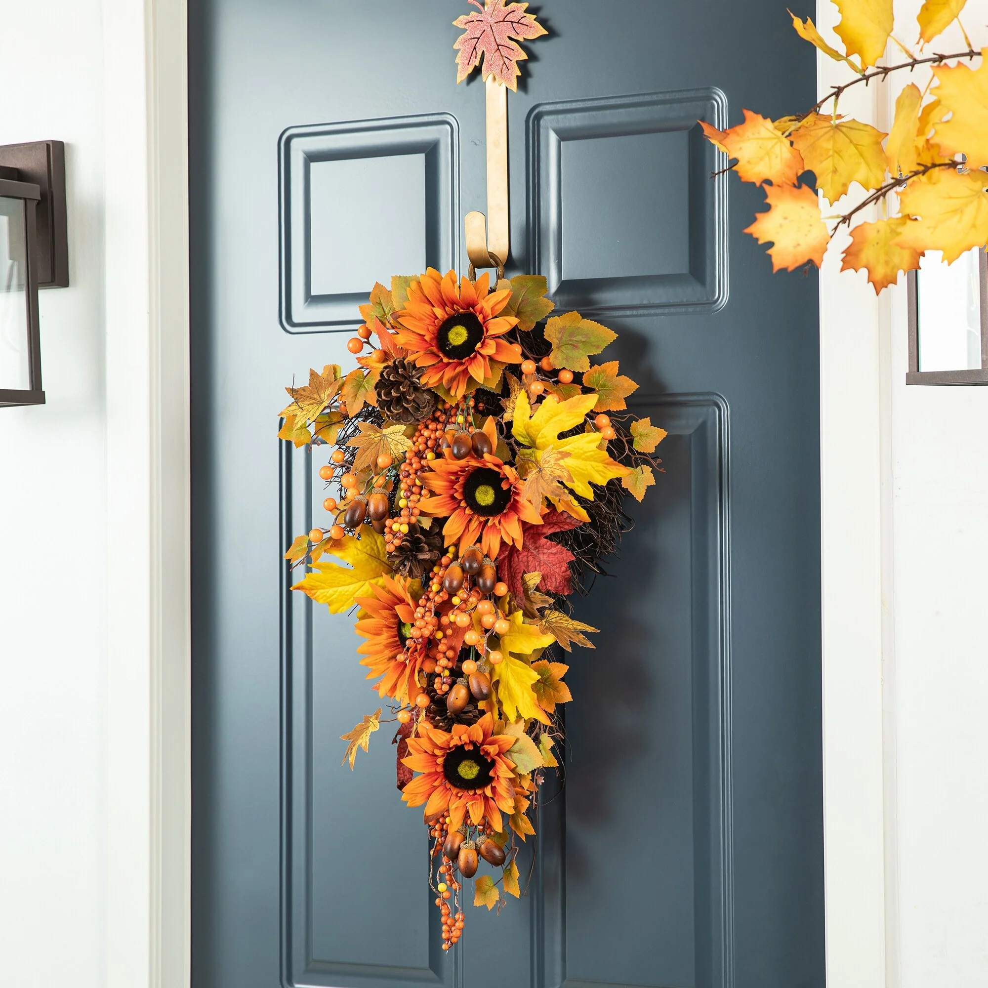 Glitzhome Fall Harvest Sunflower Maple Leaf Berry Garland Swag Wreath