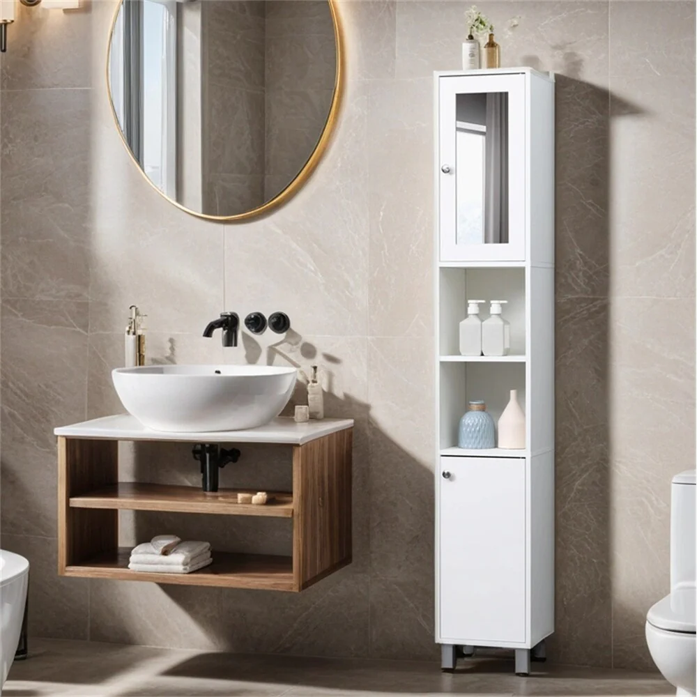 Tall Bathroom Storage Cabinet with Mirror,Freestanding Tower Cabinet