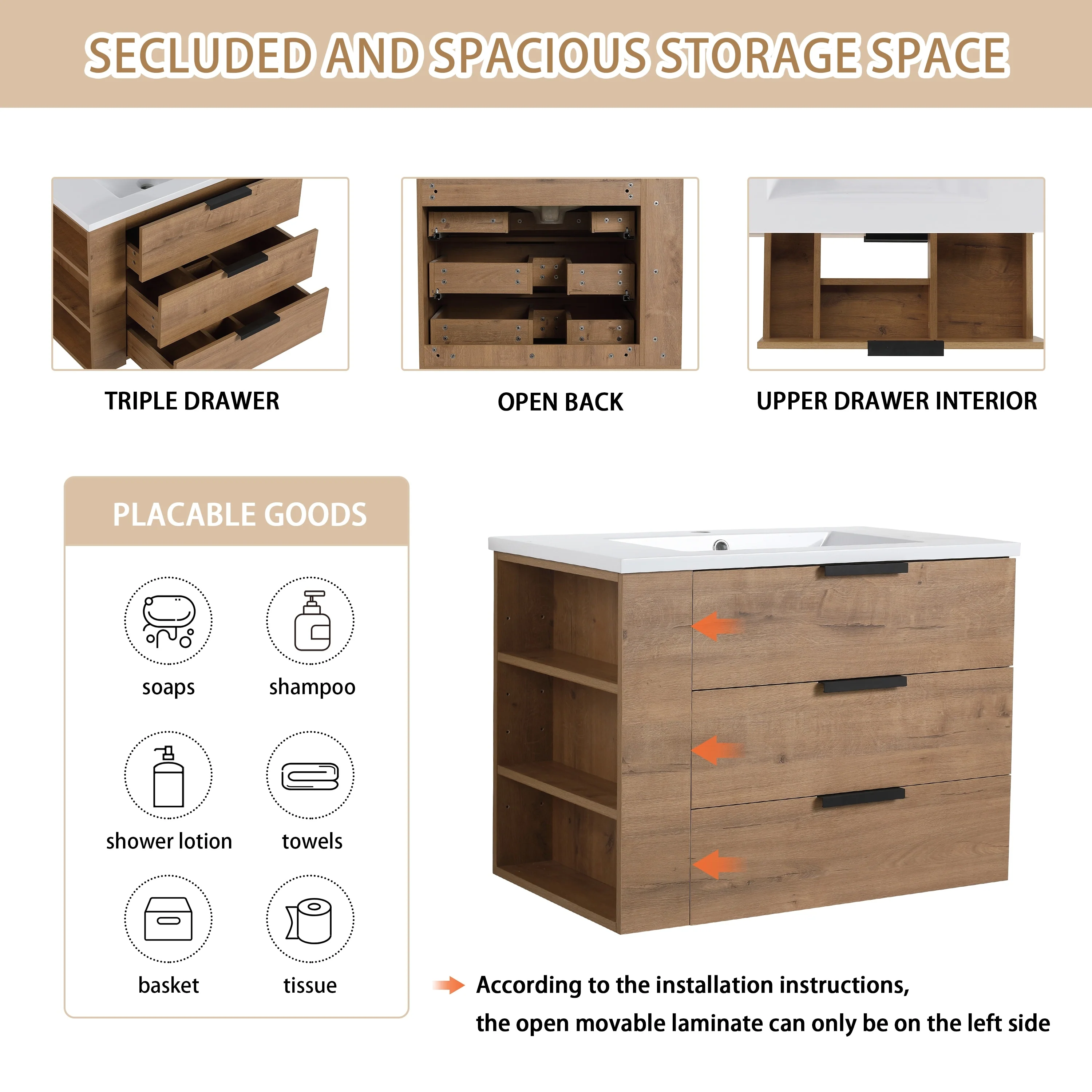 Beingnext 30''/36'' Single Sink Floating Bathroom Vanity with Soft Close Drawer and Adjustable Shelf