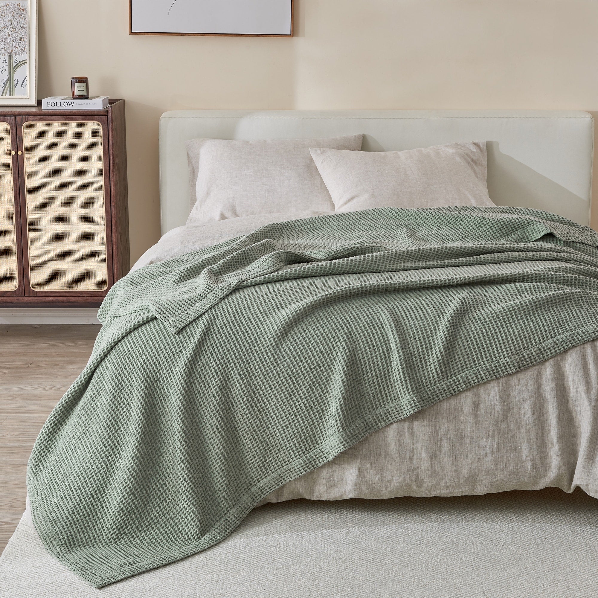 Linery & Co. 100% Cotton All-Season Lightweight Waffle Weave Knit Throw Blanket