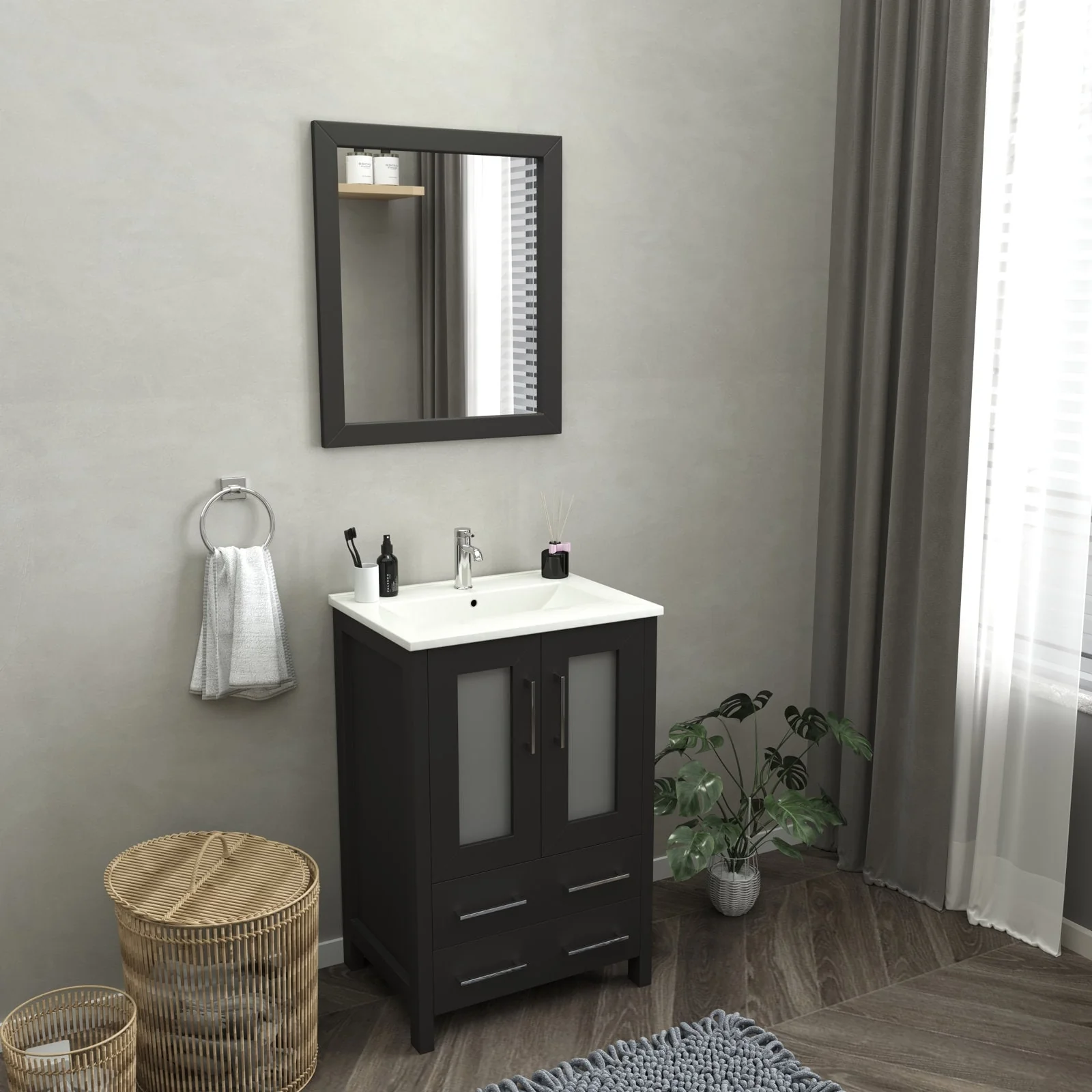 Vanity Art 24-Inch Single Sink Bathroom Vanity Set 2 Drawers, 1 Cabinet, 1 Shelf, Soft-Closing Doors with Free Mirror