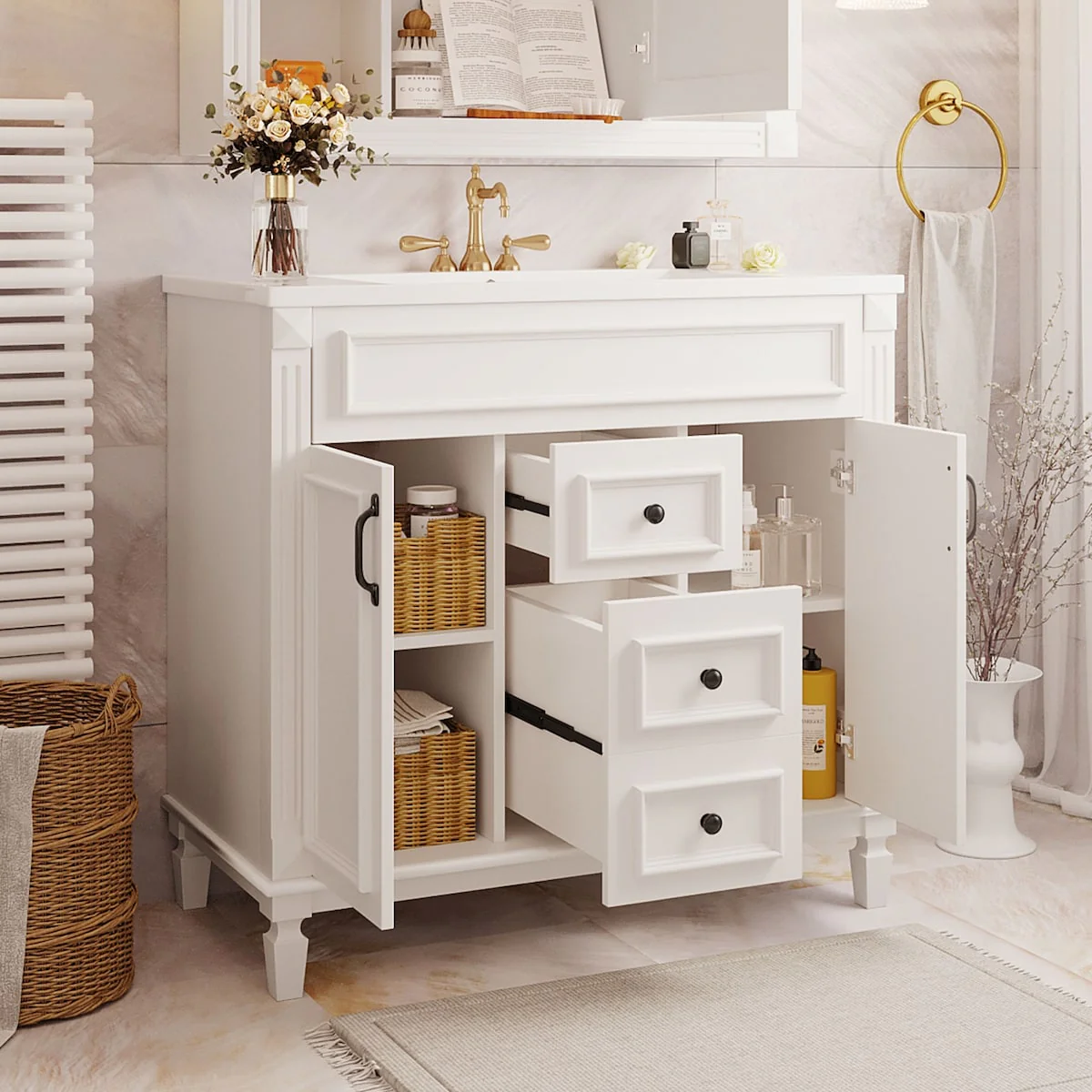 Modern Bathroom Storage Vanity with Top Sink, 2 Soft Closing Doors & 2 Drawers