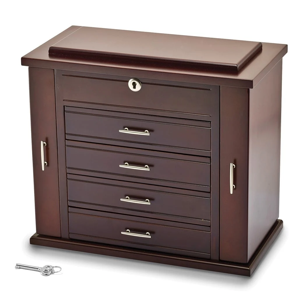 Curata Giftware Matte Mahogany Finish Poplar Veneer 4-Drawer W/Swing-Out Sides Locking Wooden Jewelry Box