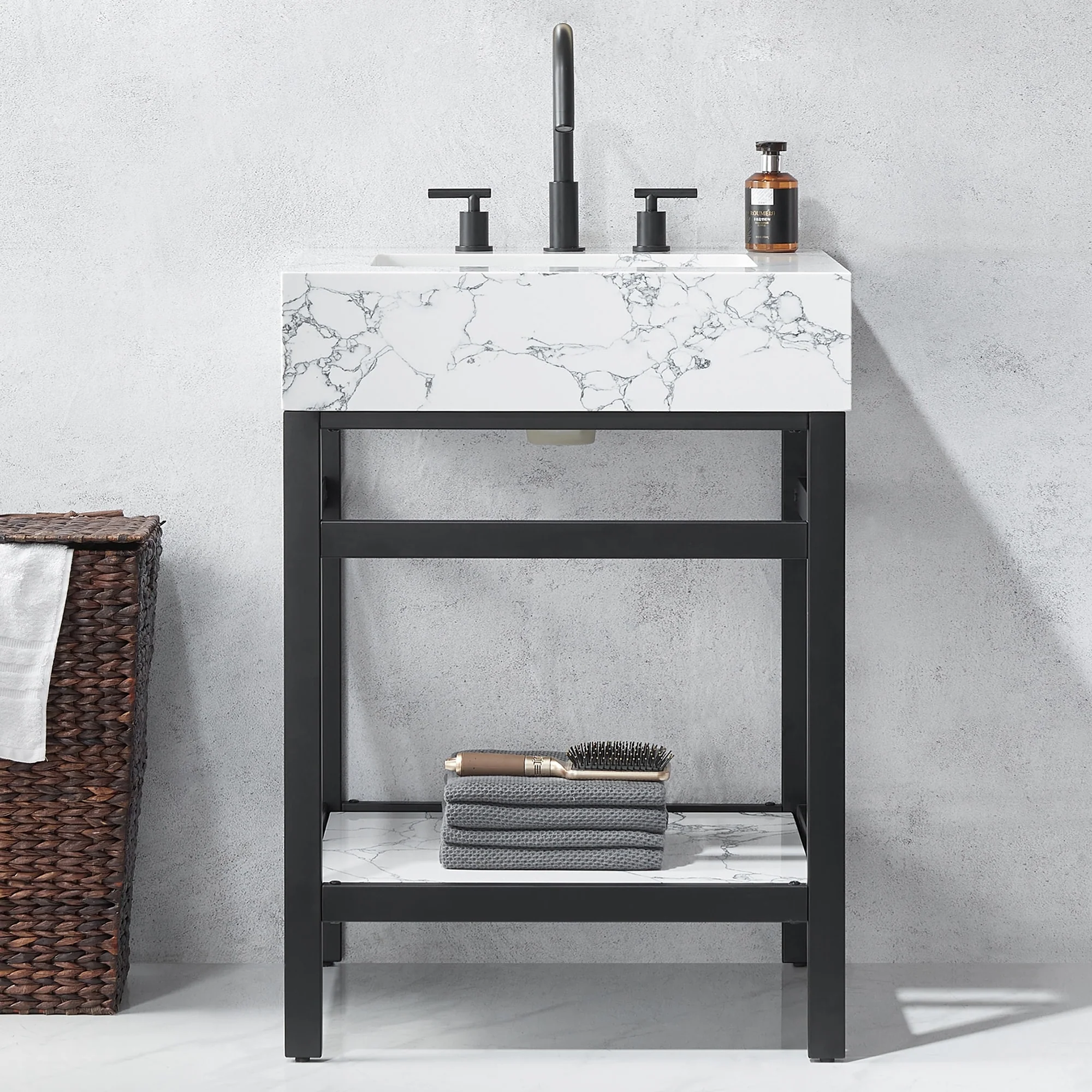 Ecija Bath Vanity, Metal Support with Composite Stone Top, no Mirror