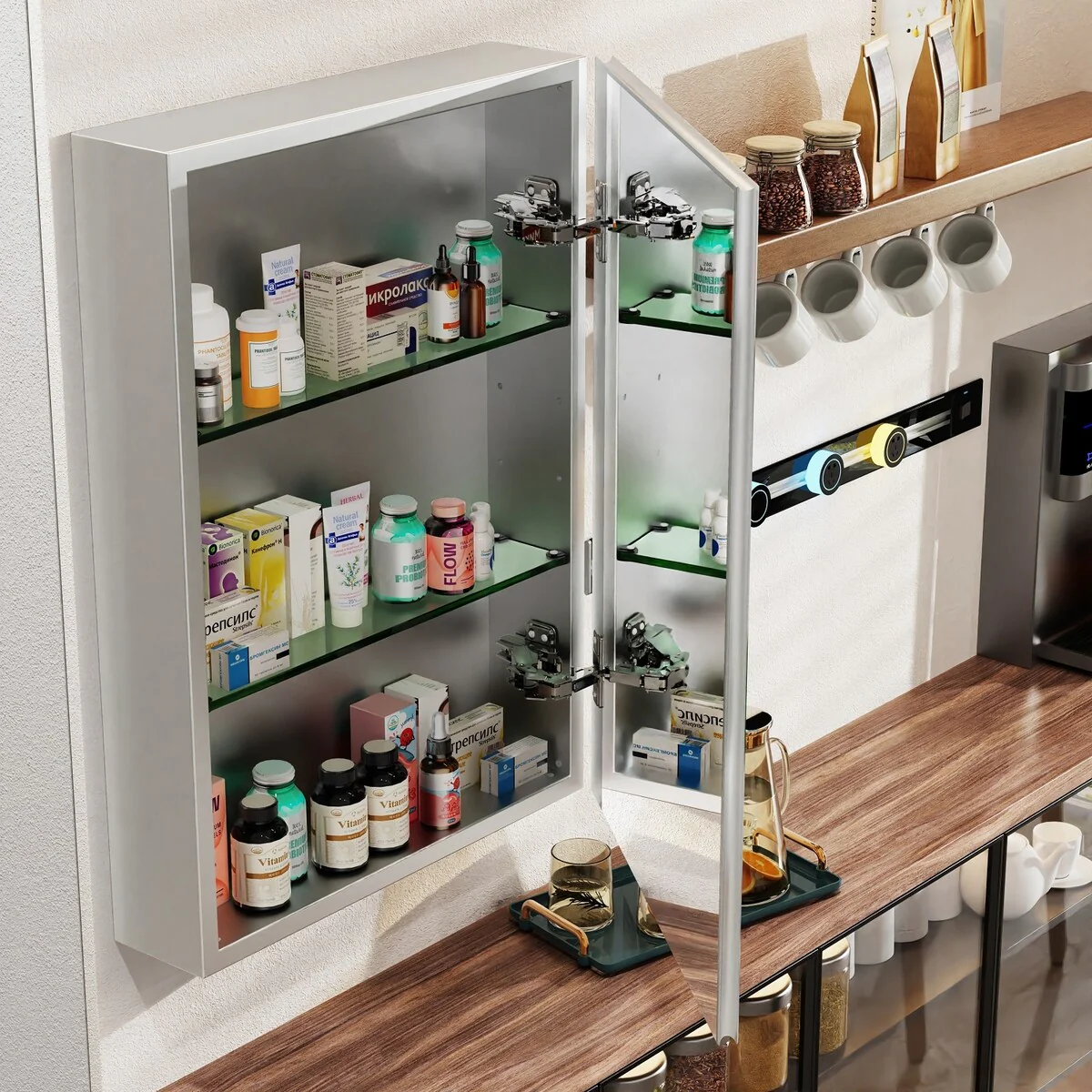 Double Side Frameless Mirrored Medicine Cabinet with 2 Adjustable Tempered Glass Shelves