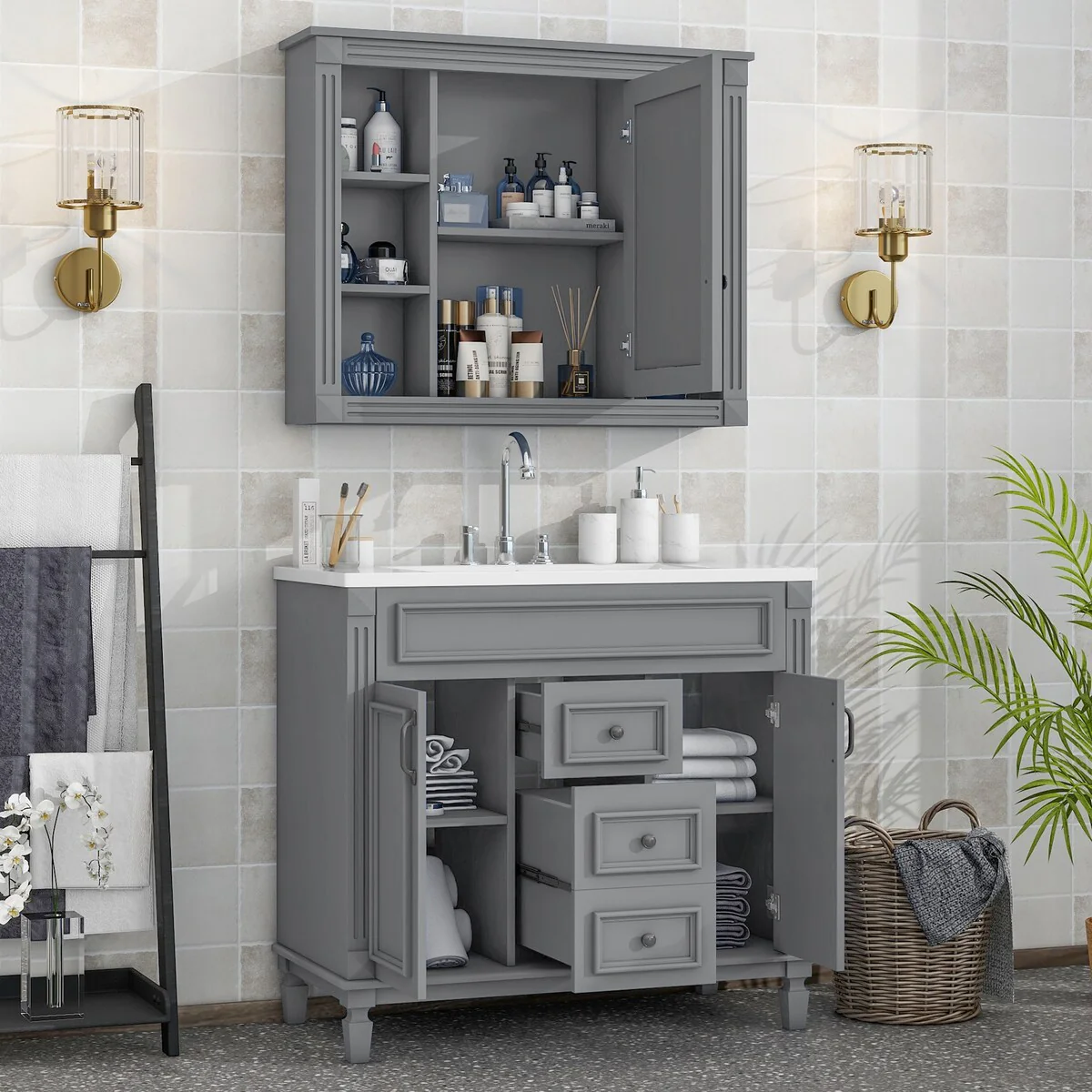 36 in. W x 18 in. D x 34 in. H Freestanding Bath Vanity with White Resin Top and Mirror Cabinet