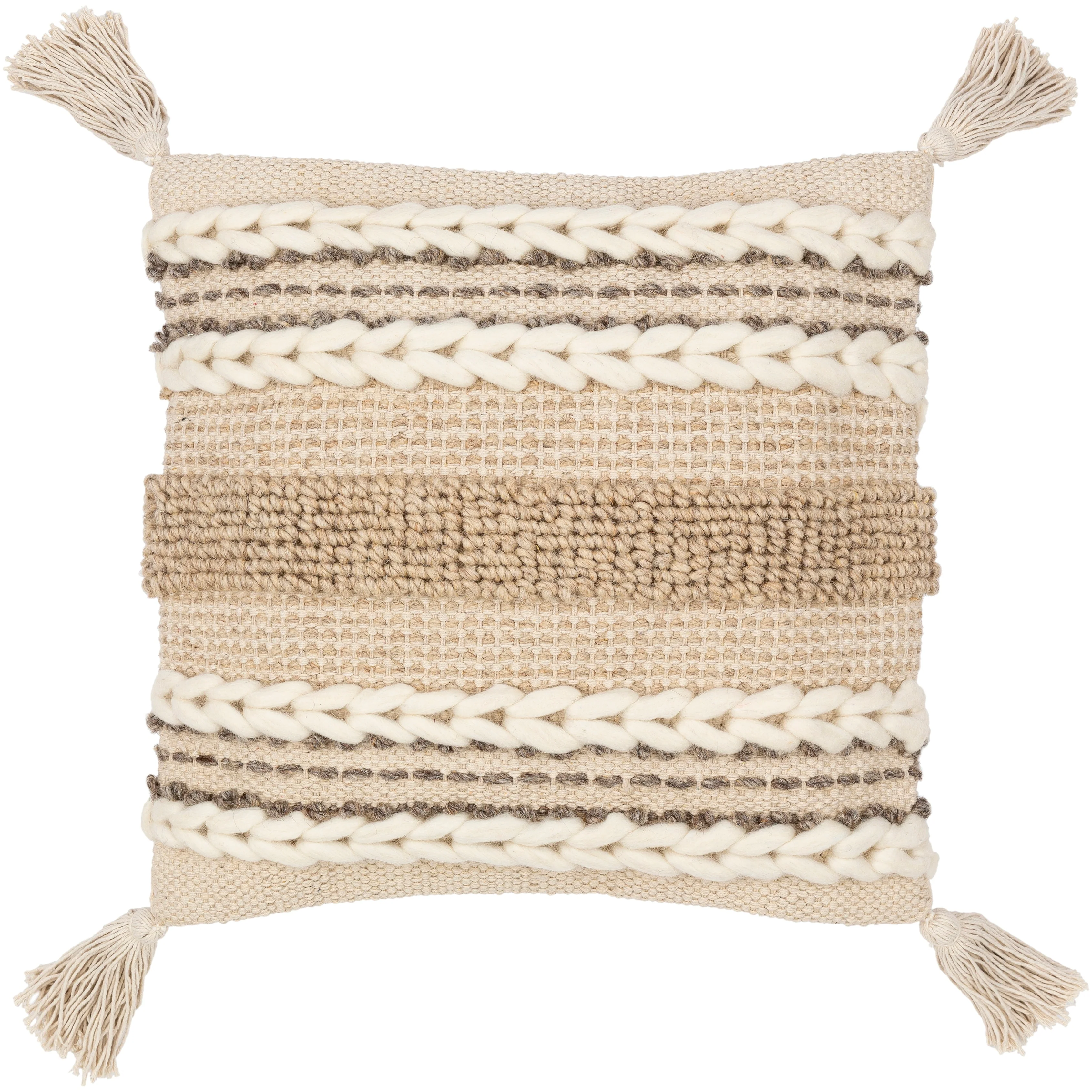 Goa Taupe Bohemian Tassel Wool Throw Pillow Cover (20