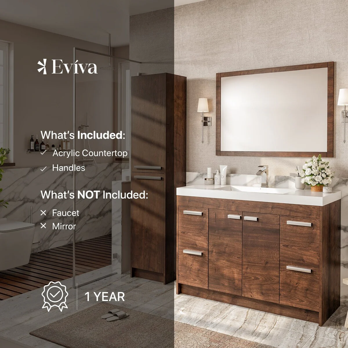 Eviva Lugano 48 inch Rosewood Modern Bathroom Vanity with White Integrated Acrylic Top