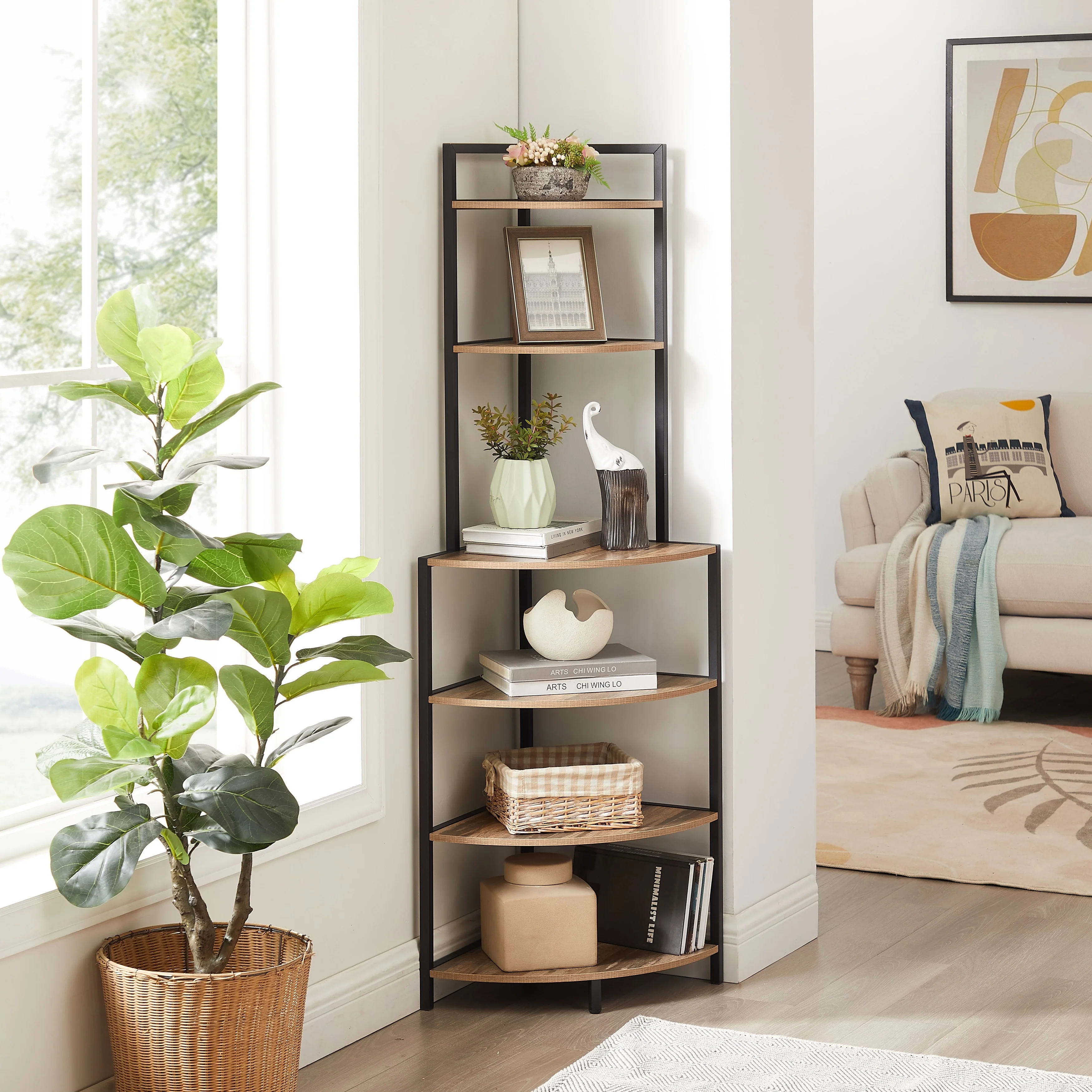 Modern Corner 6-Tier Open Shelf Wood Bookcase
