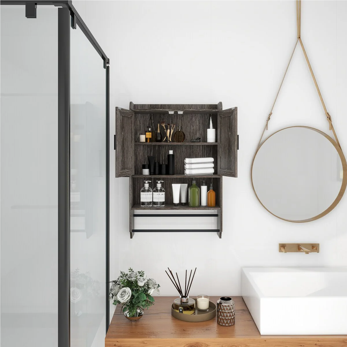 Bathroom Wall Cabinet with Doors,Adjustable Shelf,Towel Bar and Paper Holder,Over The Toilet Storage Cabinet,Medicine Cabinet