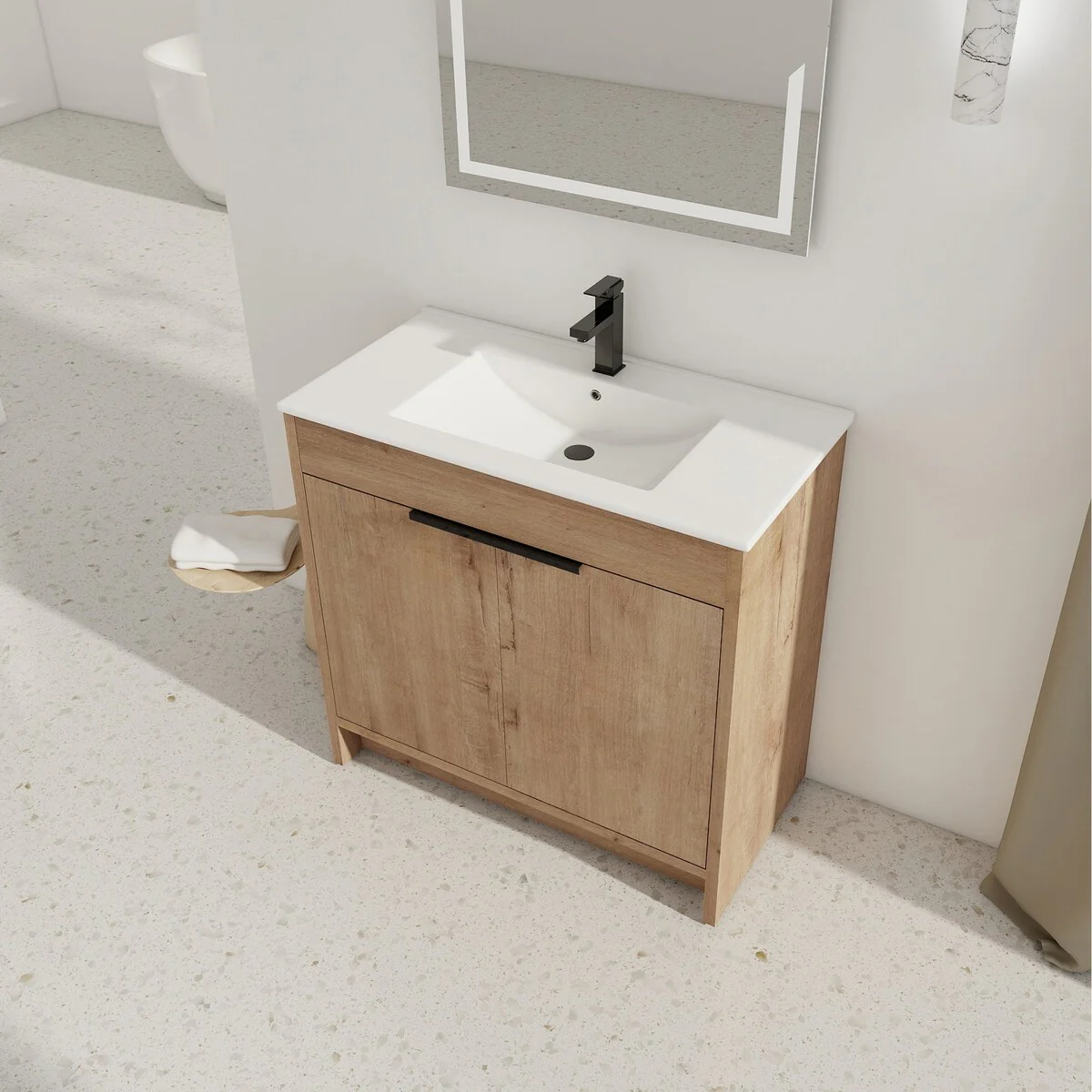 36 Inch Plywood Freestanding Bathroom Vanity Set with Integrated Ceramic Basin and Doors