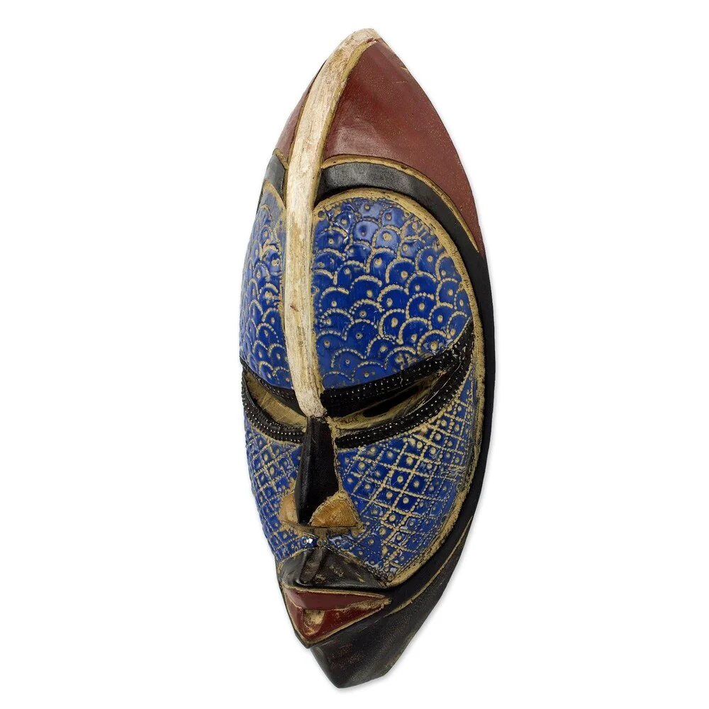 Handmade African Wood Zulu Blue Mask (Ghana)