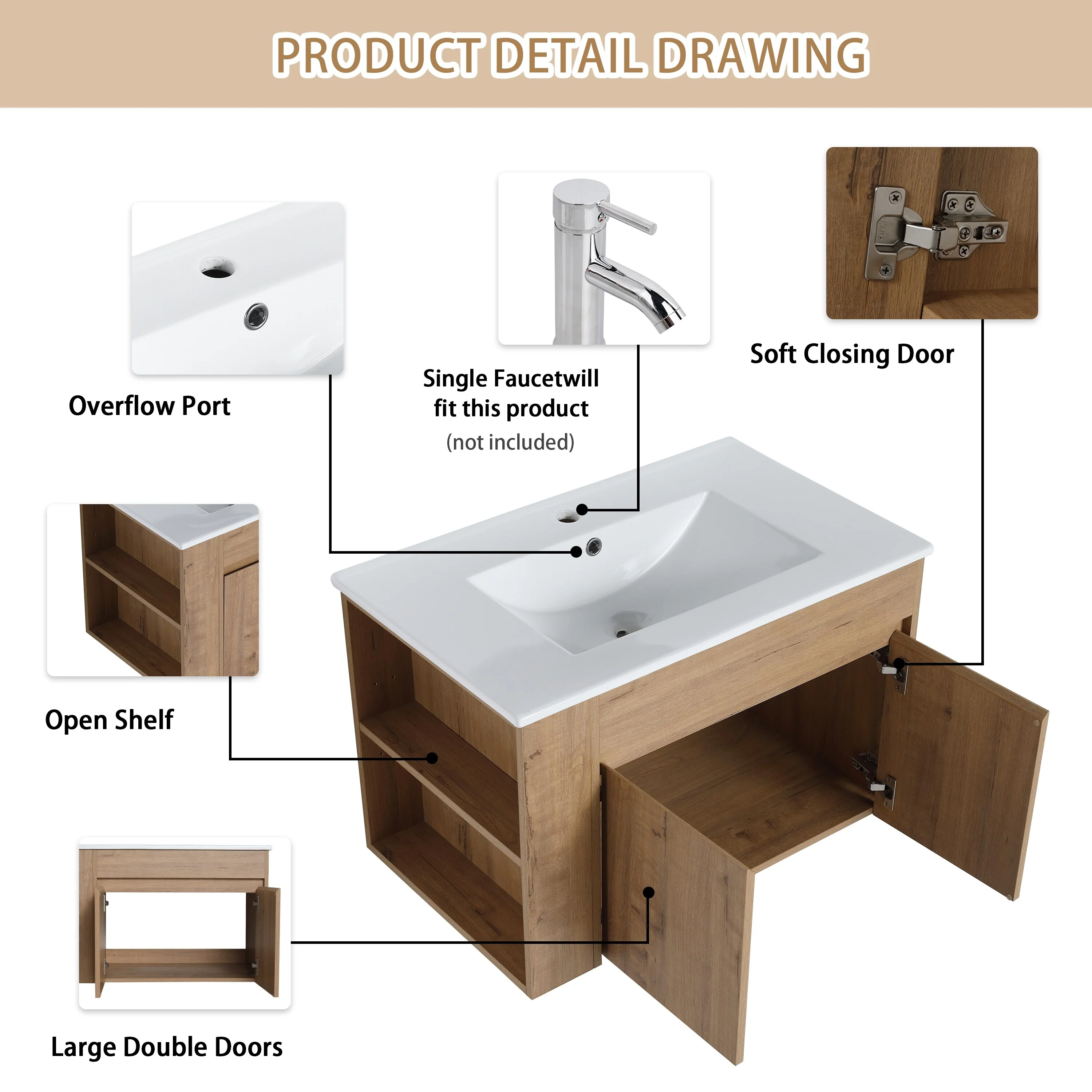 Beingnext 30 Inch Bathroom Vanity with Sink, Single Sink Floating Bathroom Vanity with Soft Close Door and Shelf