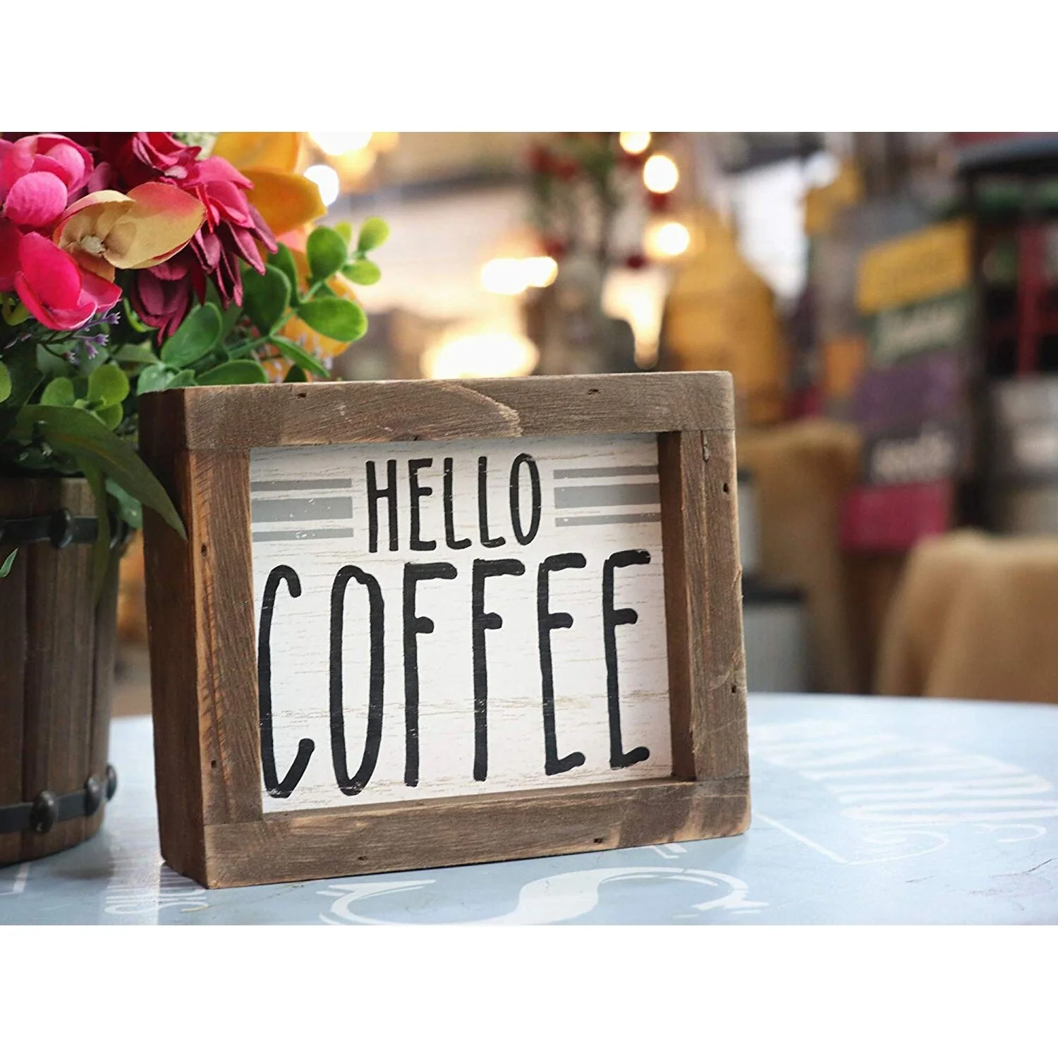 Hello Coffee Barn Wood Small Box Sign for Kitchen Decor or Coffee Bar