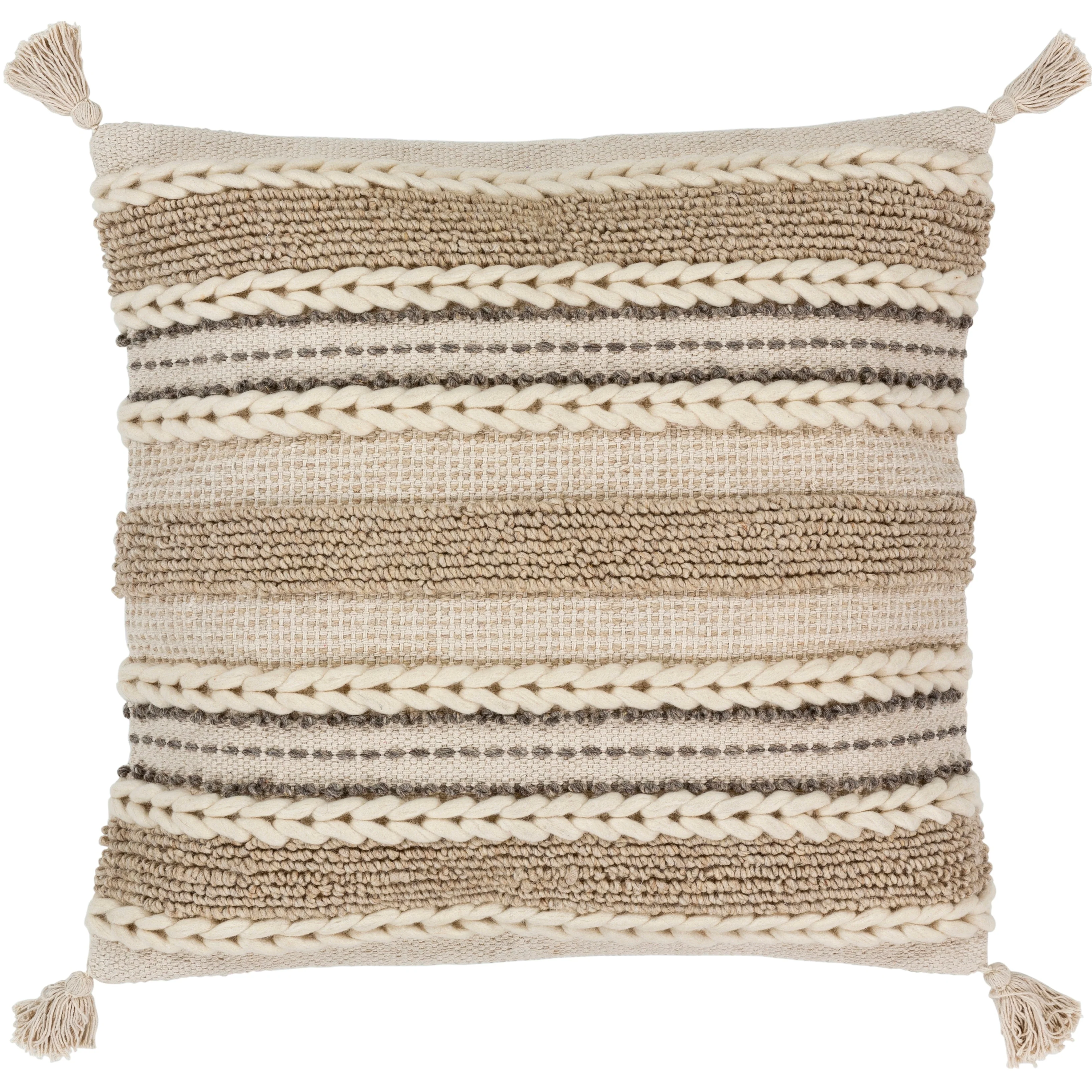 Goa Taupe Bohemian Tassel Wool Throw Pillow Cover (20