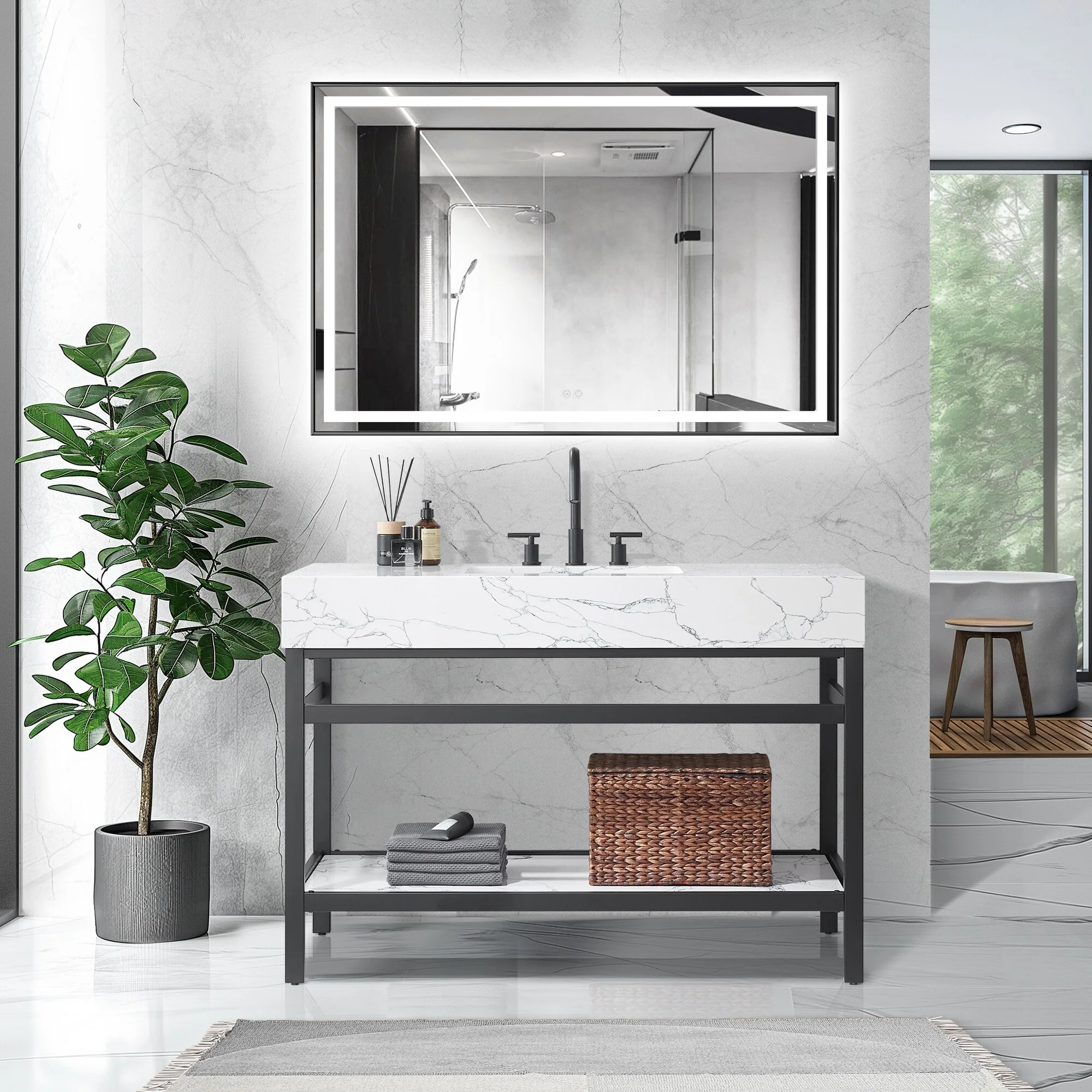 Ecija Bath Vanity, Metal Support with Composite Stone Top, no Mirror
