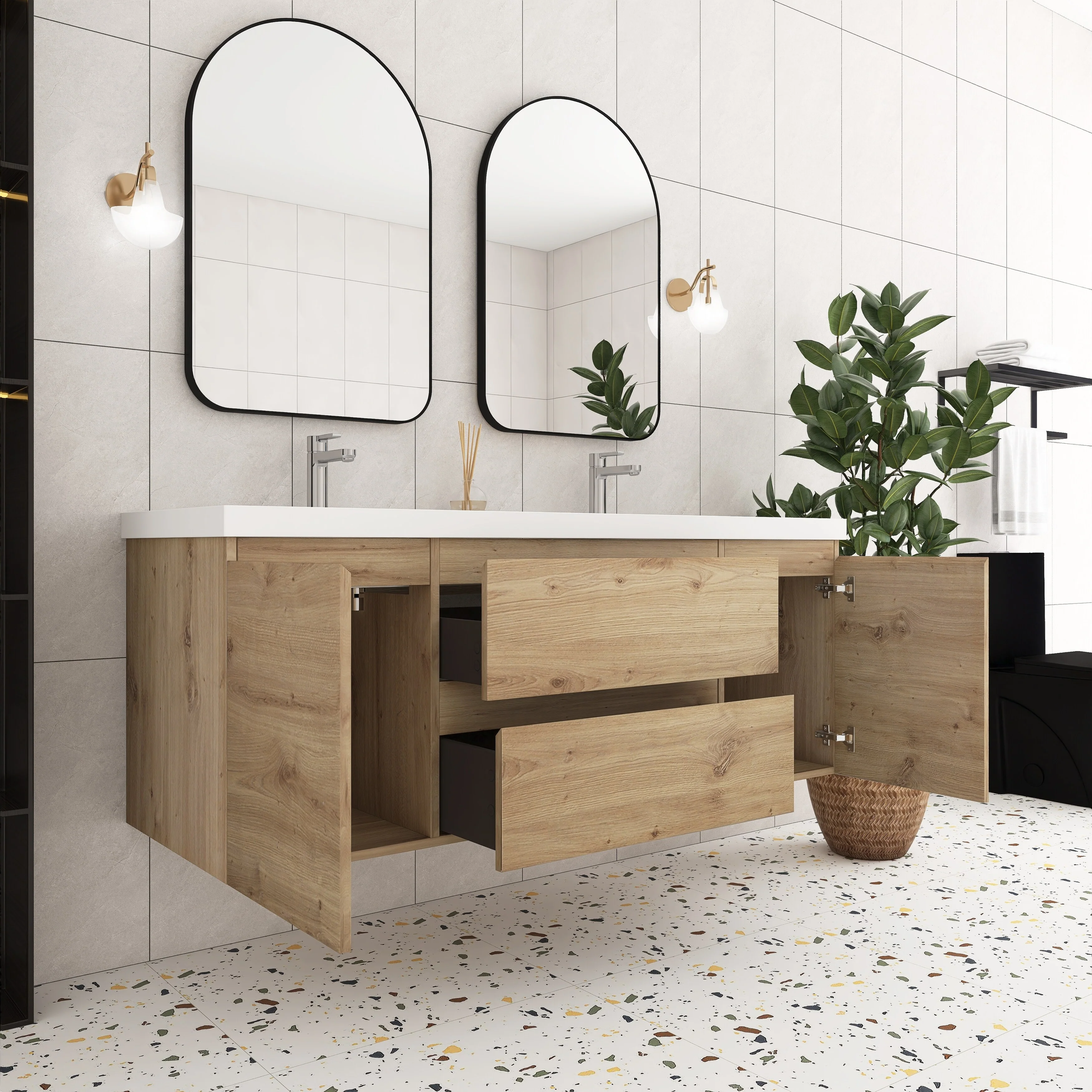 Angela Wall Mounted Bathroom Vanity in F. Oak with White Cultured Marble Top
