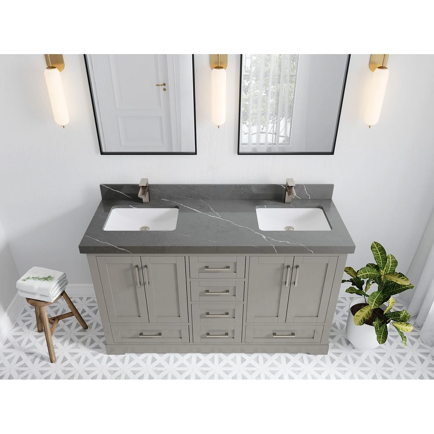 Willow Collection 60 in W x 22 in D x 36 in H Boston Double Bowl Sink Bathroom Vanity with Countertop