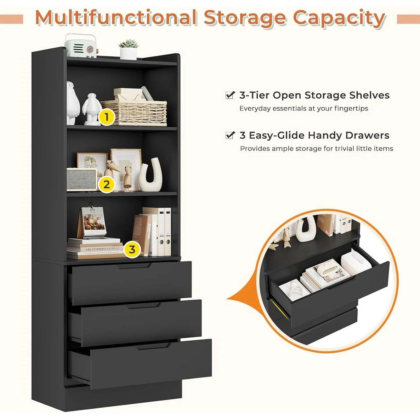 Kitchen Storage Cabinet Bookcase 3 Drawers Open Shelves - N/A
