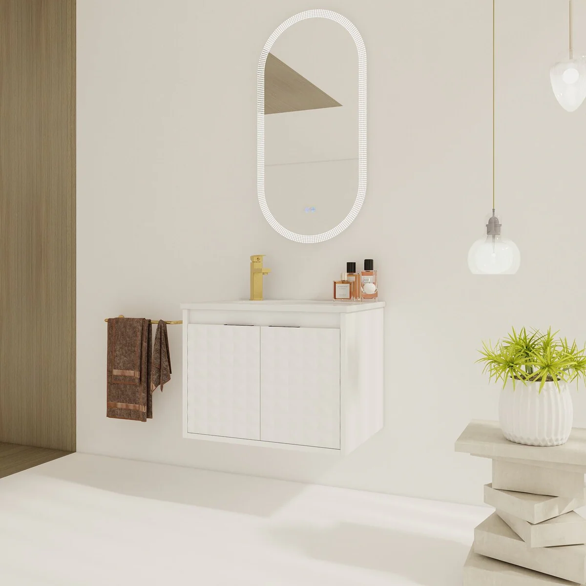 24/ 48 inch Wall Mounted Bathroom Vanity Set in White with Integrated Resin Sink