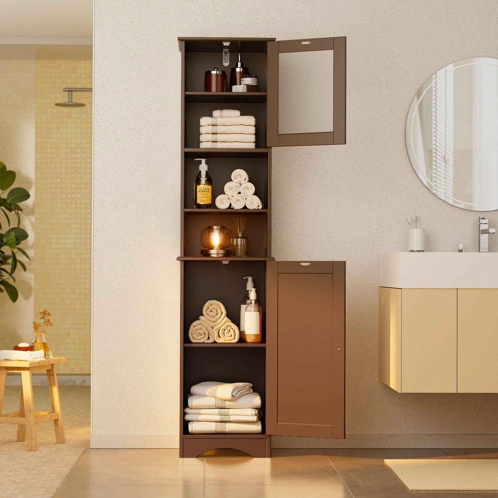 Freestanding Narrow Tall Bathroom Storage Cabinet with Adjustable Shelves, Door and Open Shelves